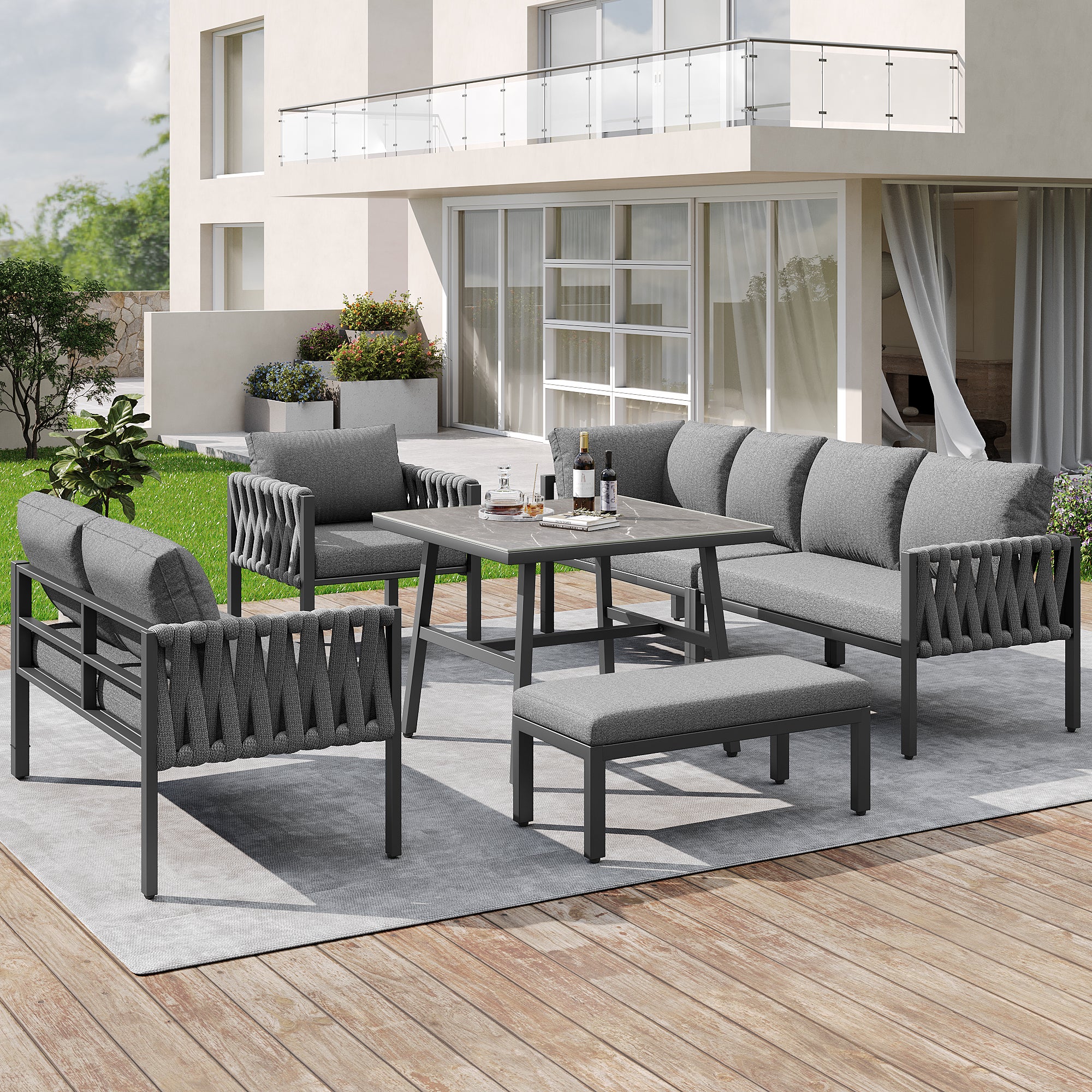 Conjunto de muebles de jardín exterior en L de hierro para 8 plazas con cojines | 3 sofás sillones en ratán PE + 1 banco tapizado + mesa – gris oscuro - 2