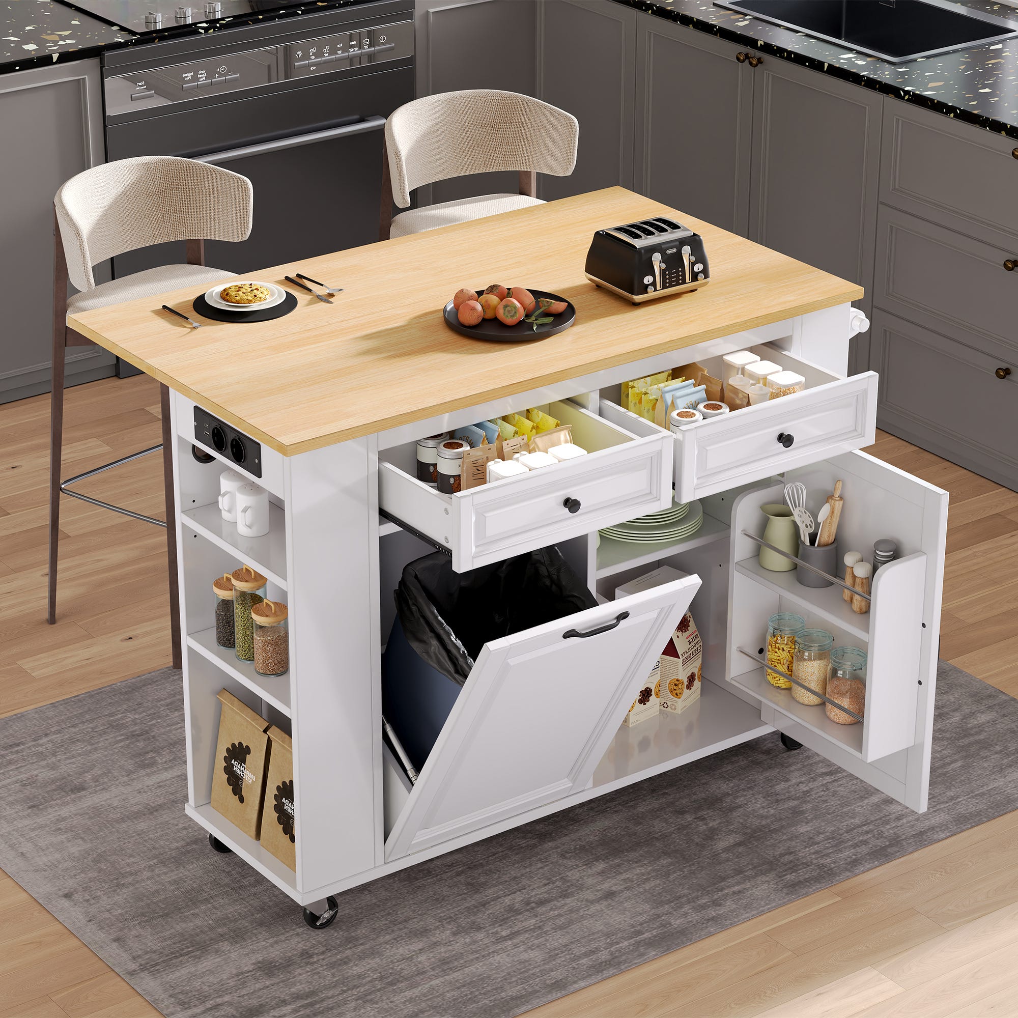Table Sur Roulette Îlot de cuisine sur roulettes, table à manger extensible, îlot de ...