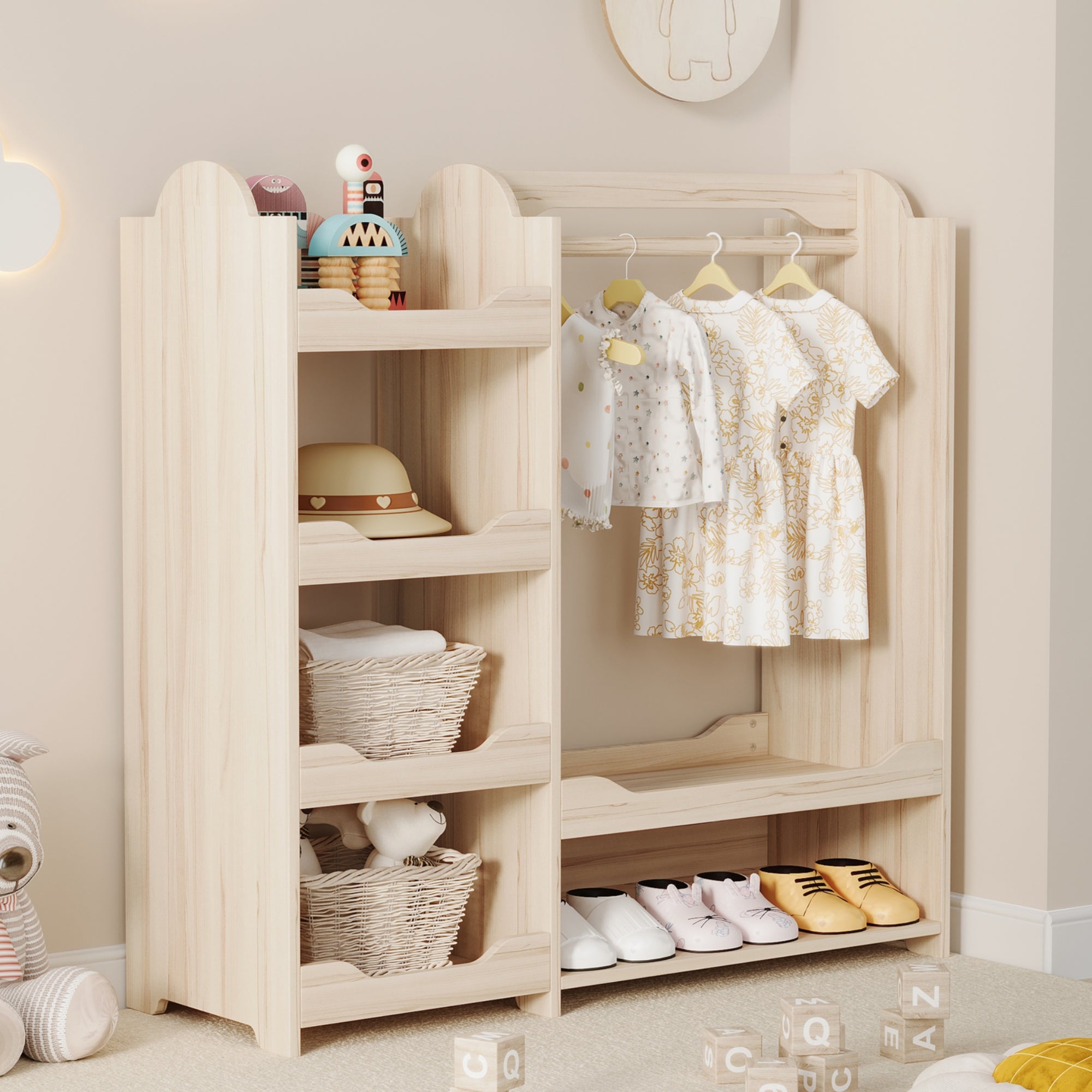Tringle à Vêtements Enfant AIYAPLAY Avec Étagère, Boîtes De Rangement, Miroir Et Armoire - Blanc - Idéal Chambre Bébé Ou Enfant 3-8 Ans