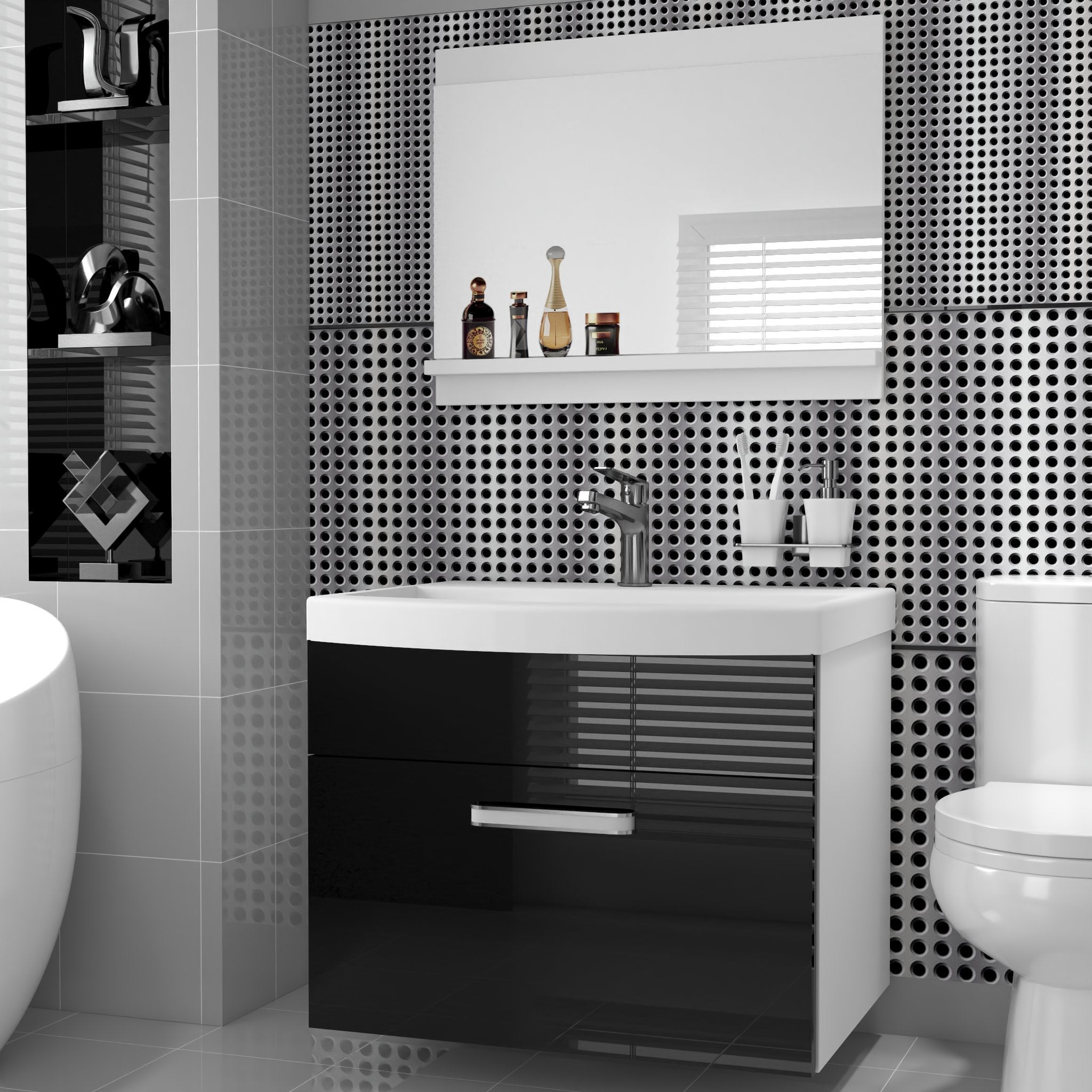 BELINI Meuble de Salle de Bain PRI P1 - 60 cm. Noir Brillant, Ensemble Complet Suspendu Meuble Sous Vasque avec Miroir - 2