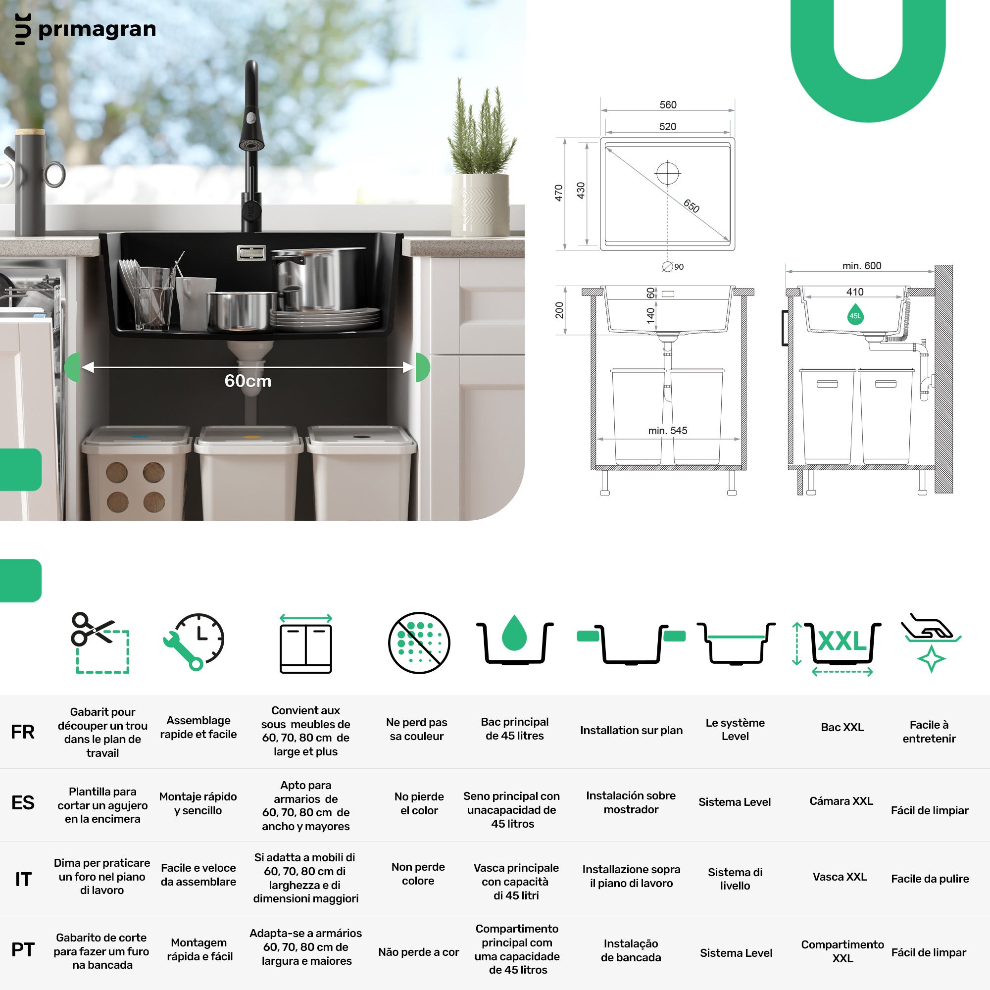 Evier Cuisine en Granit Noir 56x47cm, 1 bac + Kit de Vidage + Robinet + Accessoire, Évier à Encastrer au meuble 60cm - Prague Slim de Primagran - 6