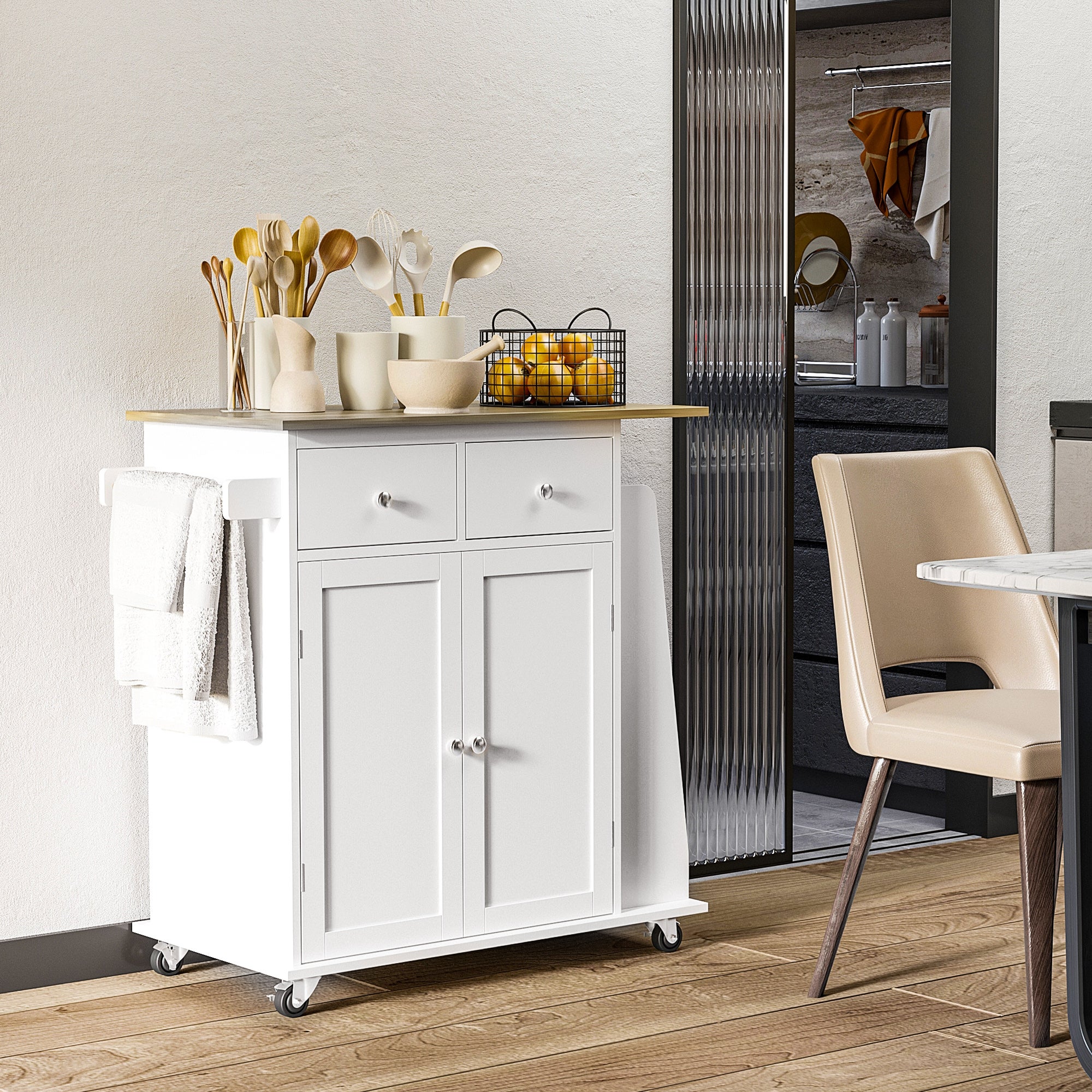 Homcom Carro De Cocina Auxiliar Con Ruedas 89X45x89,5Cm Blanco , Leroy Merlin