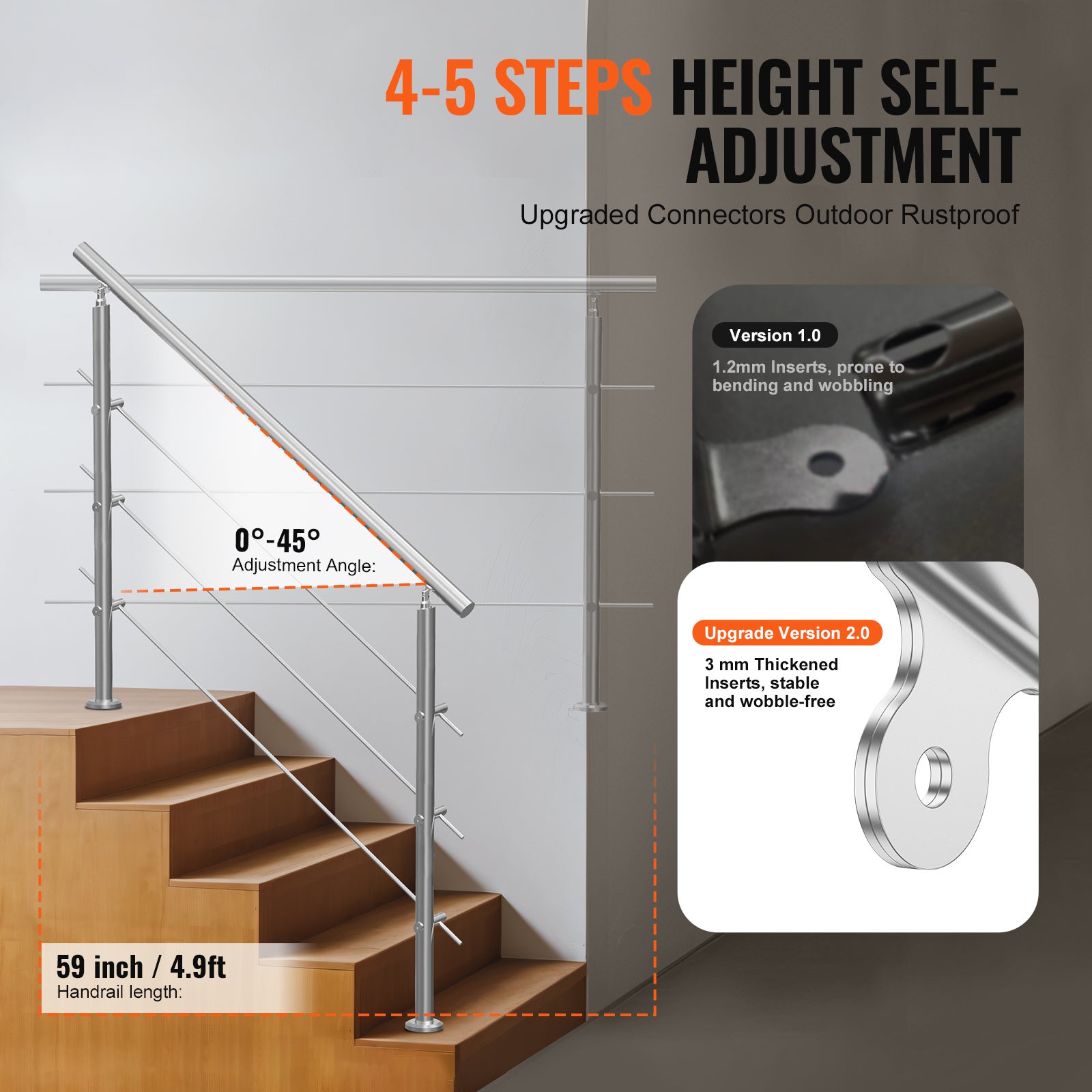 Rampes extérieures SucceBuy 59in,3 barres transversales,design double colonne,rampes inox avec kit d'installation. - 5