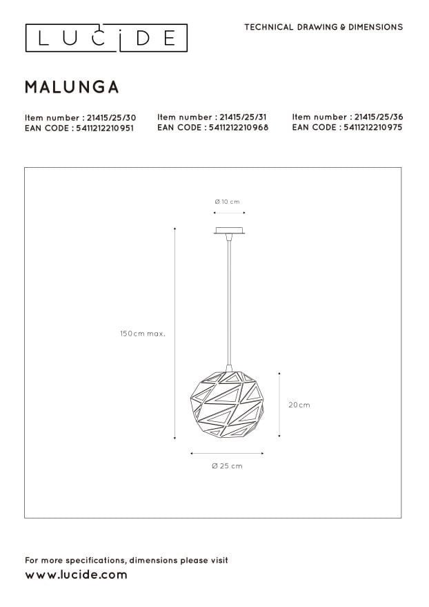 Suspension MALUNGA - Blanc - 1xE27 - Lucide - 7