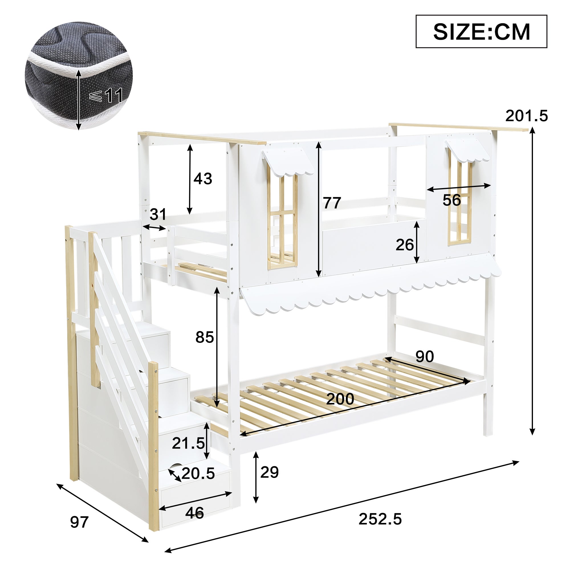 Łóżka piętrowe 2 x 90 x 200 cm z 4 drzwiami i 2 oknami - Sosna + MDF + sklejka - Białe i naturalne (Materace nie są wliczone w cenę) - 8