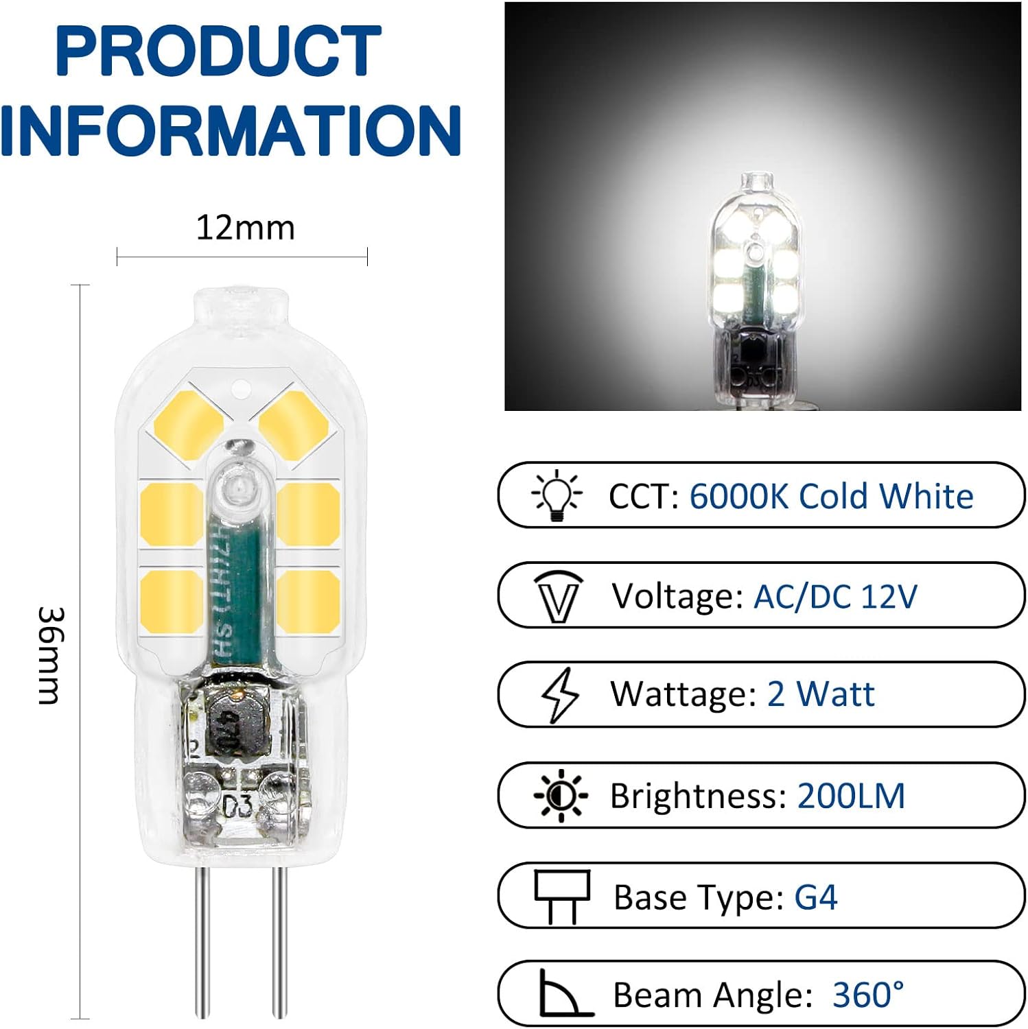 G4 LED 2W 12V AC/DC Blanc Froid 6000K pour Hotte Aspirante, 200lm, Équivalent Ampoule Halogène G4 10W 20W, non dimmable, lot de 6 - 2