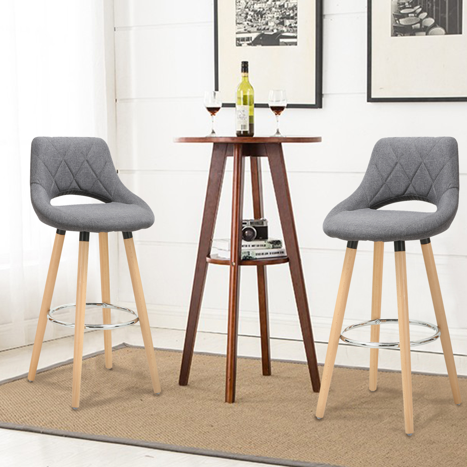 Lot de 2 Tabouret de bar avec dossier et repose-pieds WOLTU, Fait de lin et bois massif, Siège bien rembourré, 43x43x91cm, Gris Foncé - 2
