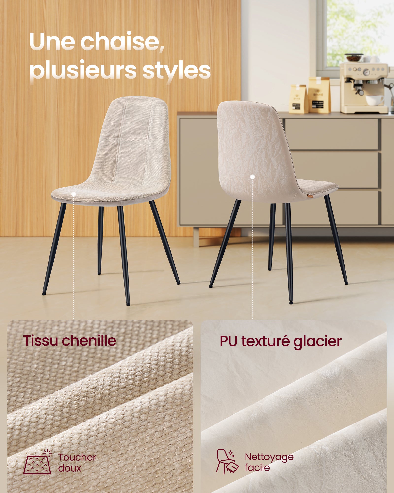 Chaises de Salle à Manger, Lot de 4, Support Métallique, Pieds Réglables, Nettoyage Facile, Tissu Chenille, PU Texturé Glacé, Blanc Crème - 3