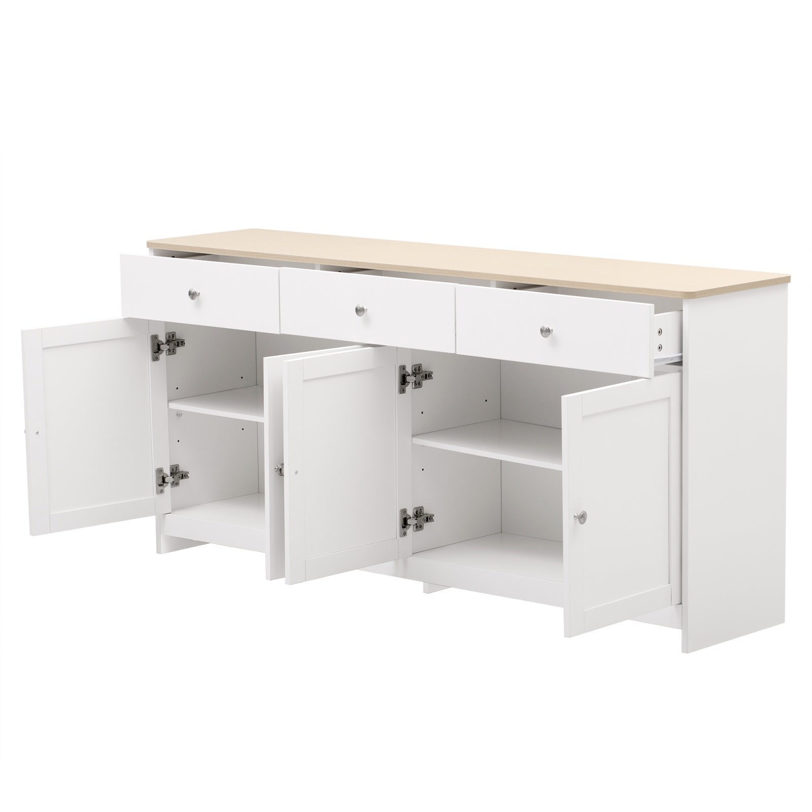 Buffet Bahut 160x37x75cm - Style Campagne Moderne avec 4 Portes et 3 Tiroirs - Plateau Effet Chêne et Corps Blanc - 6