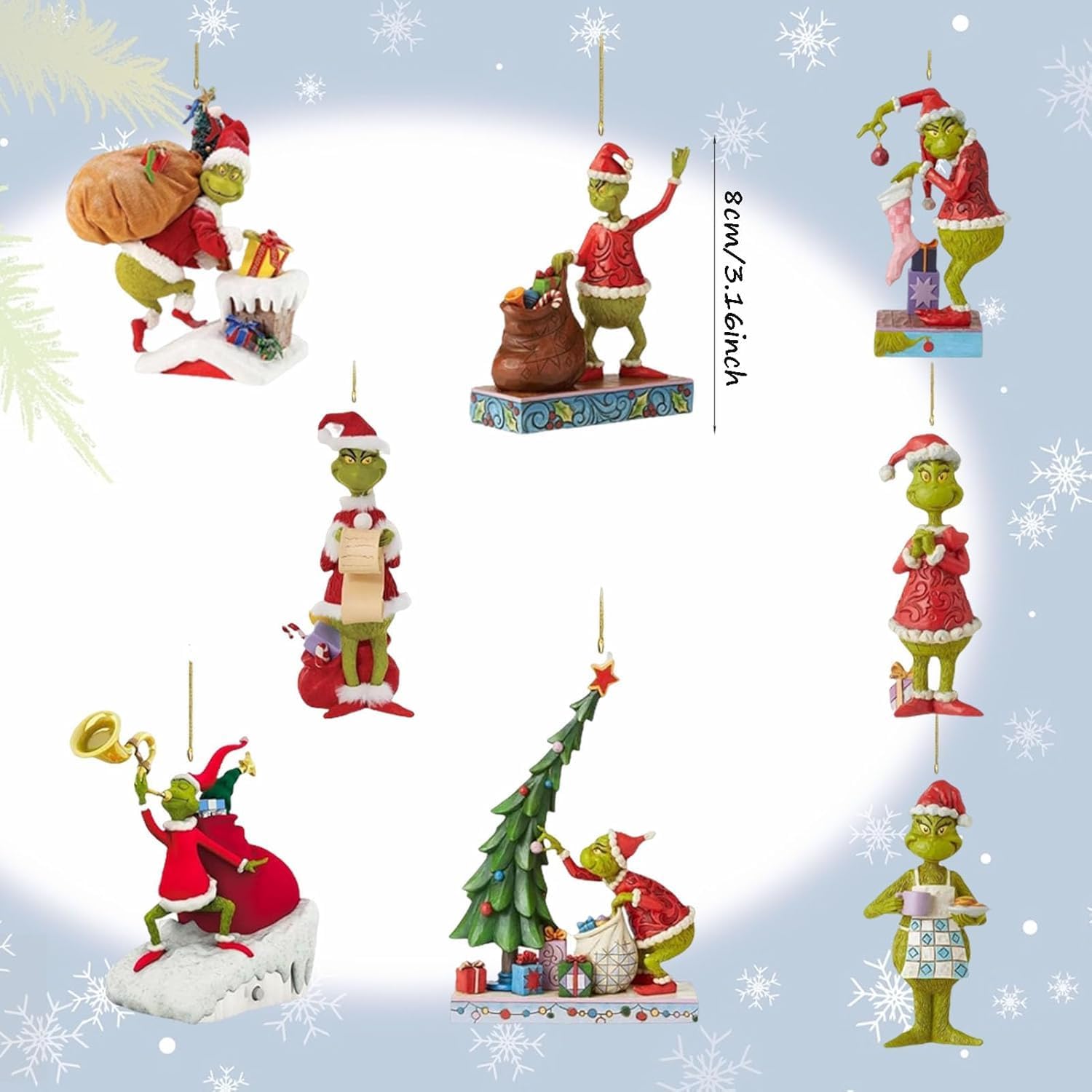 8 Pendentifs Noël 2D Grinch - Décorations Sapin, Fenêtre - Acrylique Coloré Avec Corde Dorée