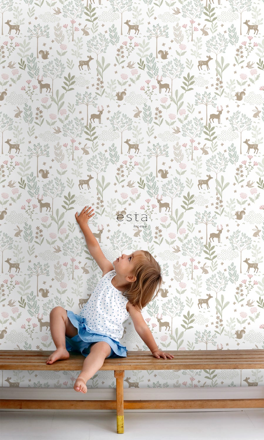 Papier peint forêt avec des animaux de la forêt vert et rose - 53 cm x 10.05 m - ESTAhome - 5