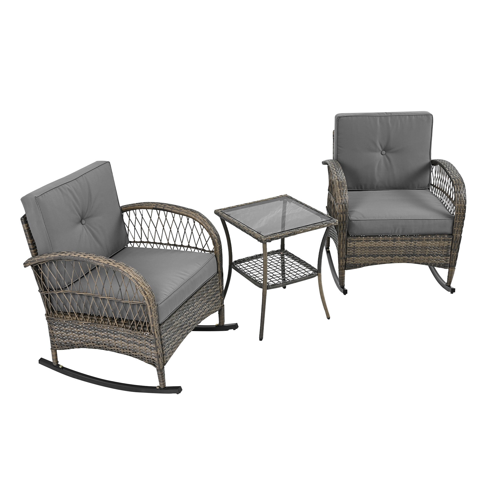 Salon de jardin 3 pièces : 2 fauteuils à bascule en rotin avec coussins gris et table en verre trempé - 8