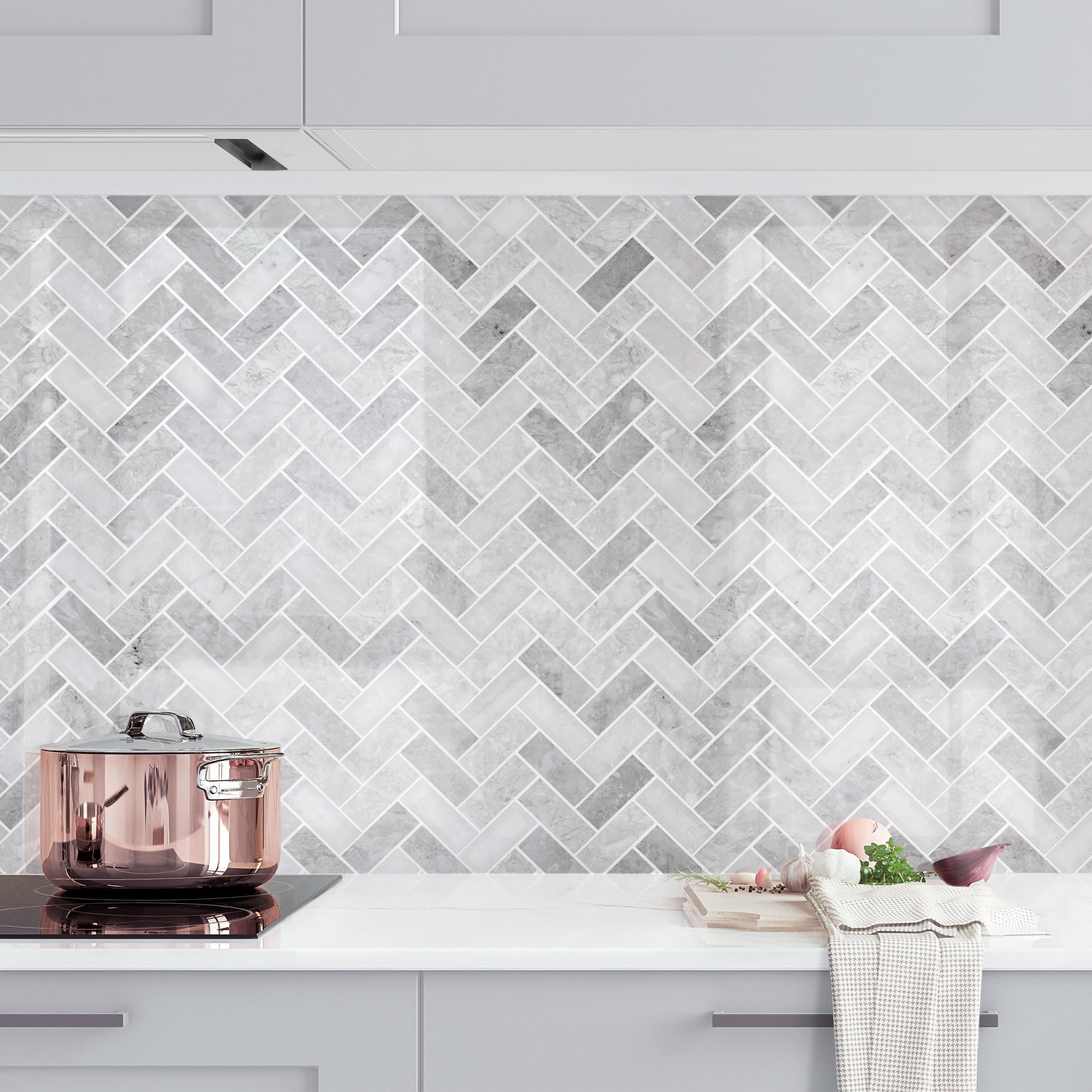 Salpicadero cocina adhesivo - marble fish bone tiles - medium grey 150 x 50 cm