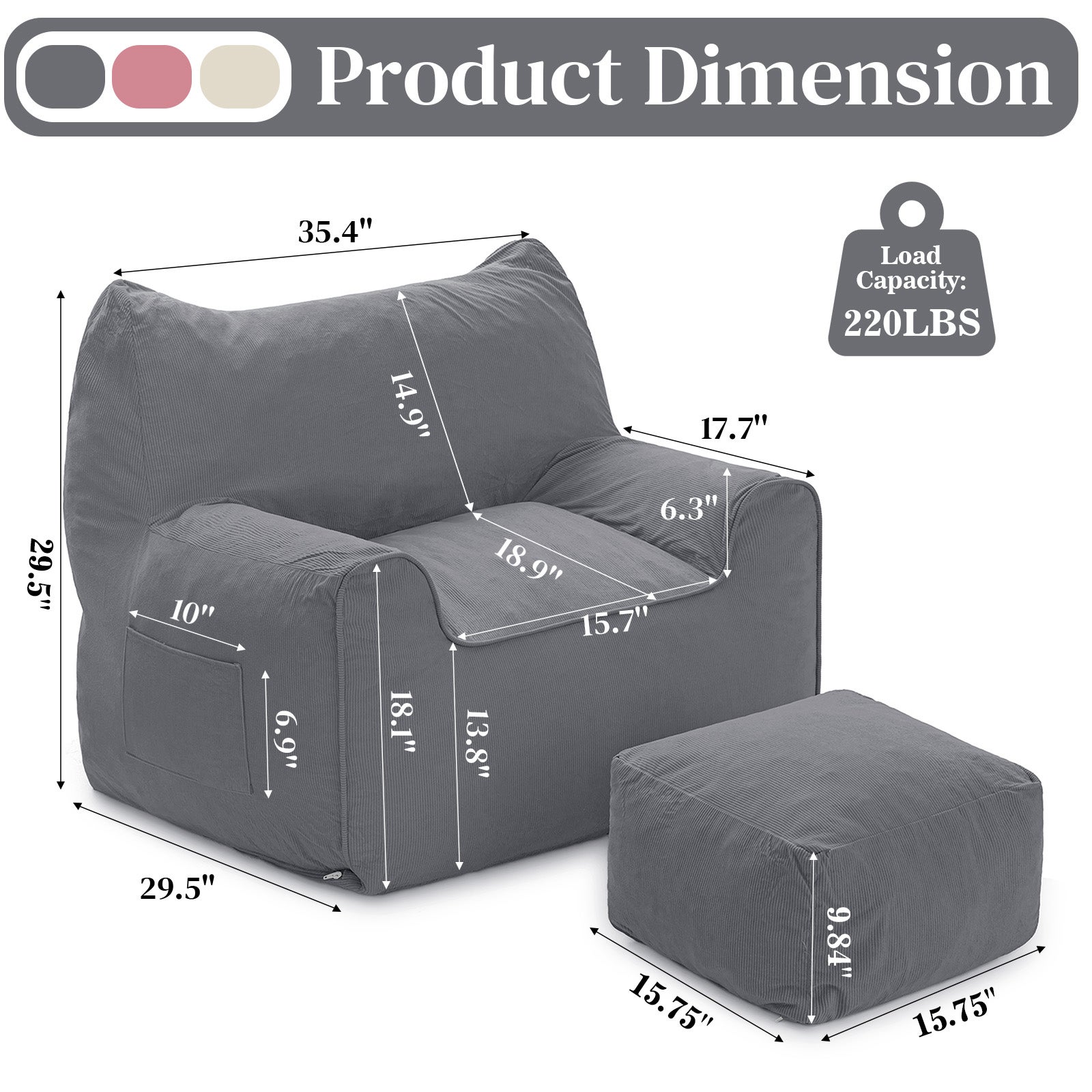 Poltrona de veludo cotelê, puff com apoio para os pés, 90x75x75cm, para quarto, sala de estar, presente de Natal - Cinza - 2