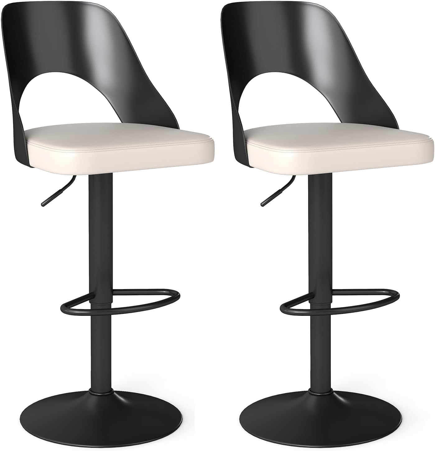 Zestaw 2 Stołków Barowych z Imitacji Skóry, Krzesła Barowe z Obrotowym Siedziskiem 360°, Regulowaną Wysokością, Antypoślizgowym Pierścieniem (Czarne)