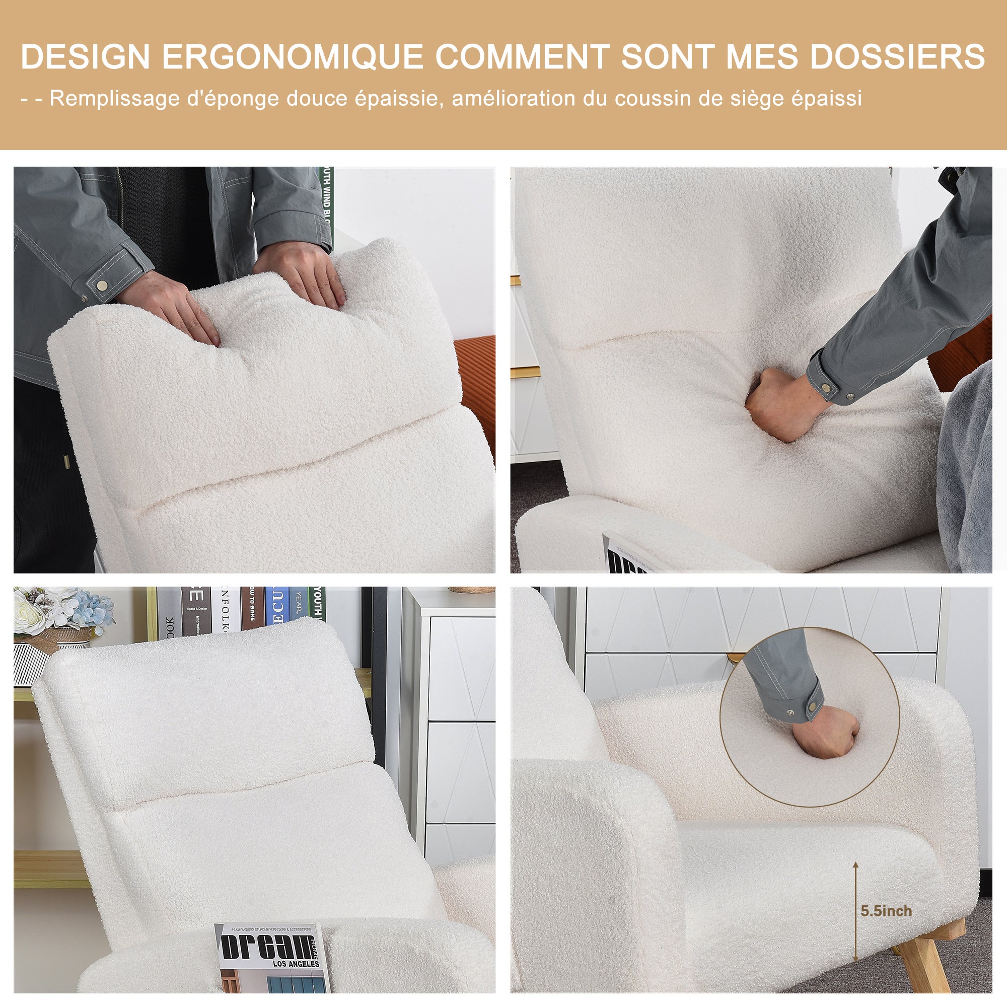Fauteuil a Bascule, Chaise a Bascule Allaitement avec Poches Latérales et Base en Bois, Fauteuil Rocking Chair interieur extérieur pour Chambre, Blanc - 5