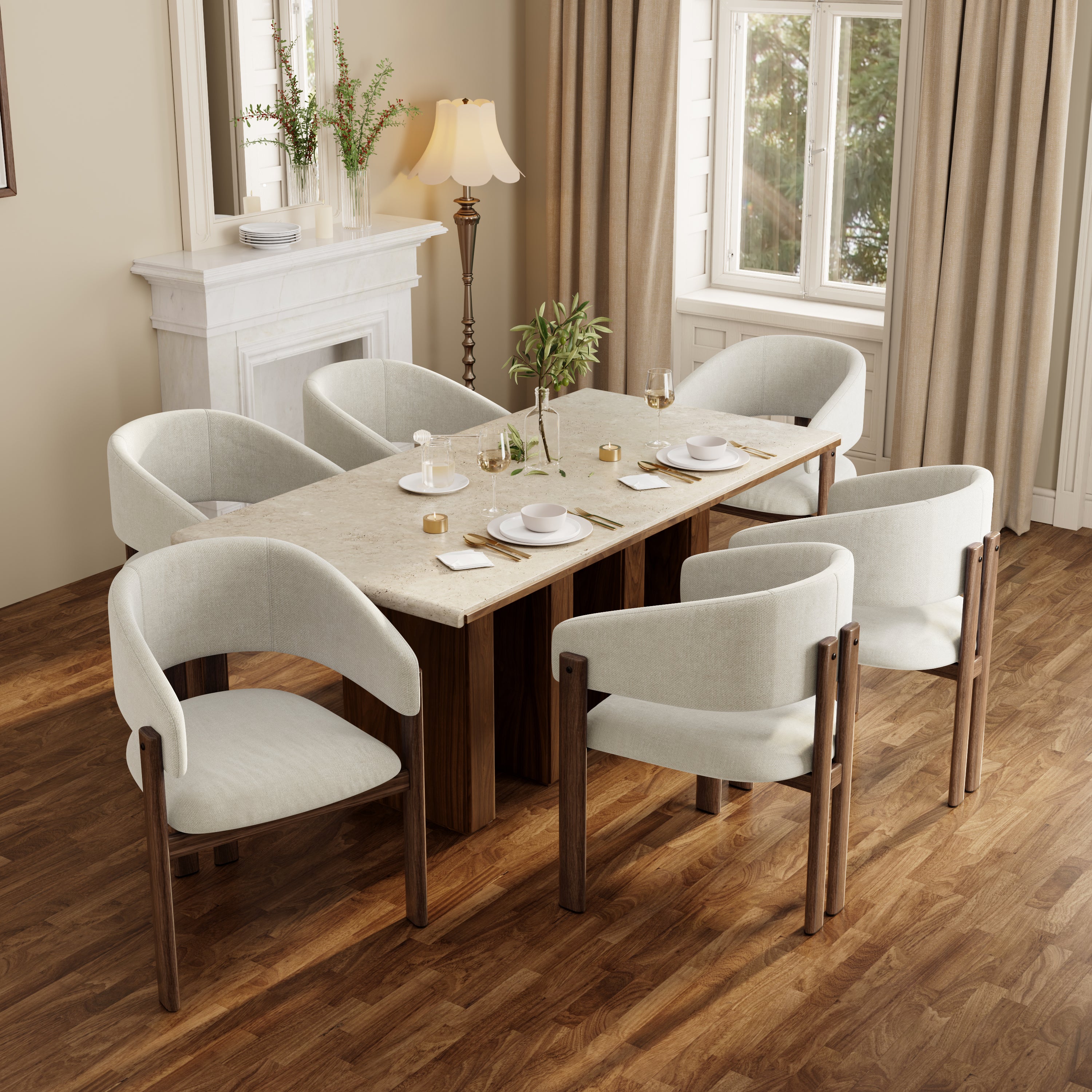 Zestaw 6 krzeseł do jadalni z podłokietnikami - 61,5 x 52,5 x 83 cm - Tkanina lniana i nogi metalowe imitujące drewno - Orzech