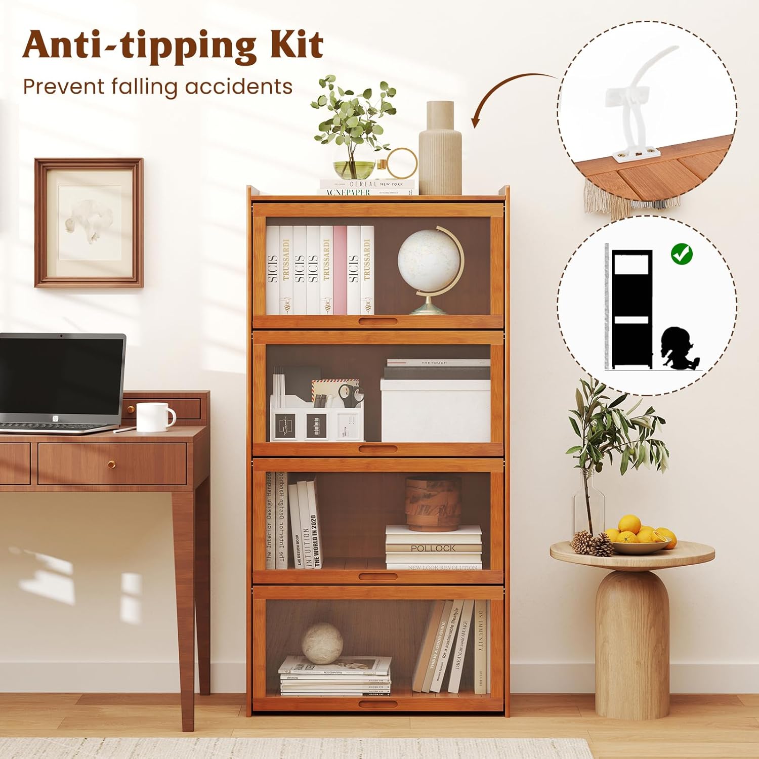 Bibliothèque à 4 Niveaux avec Portes, Étagère en Bambou de 140 cm avec Portes en Acrylique Transparent, pour Bureau, Salon, Chambre (Marron) - 8