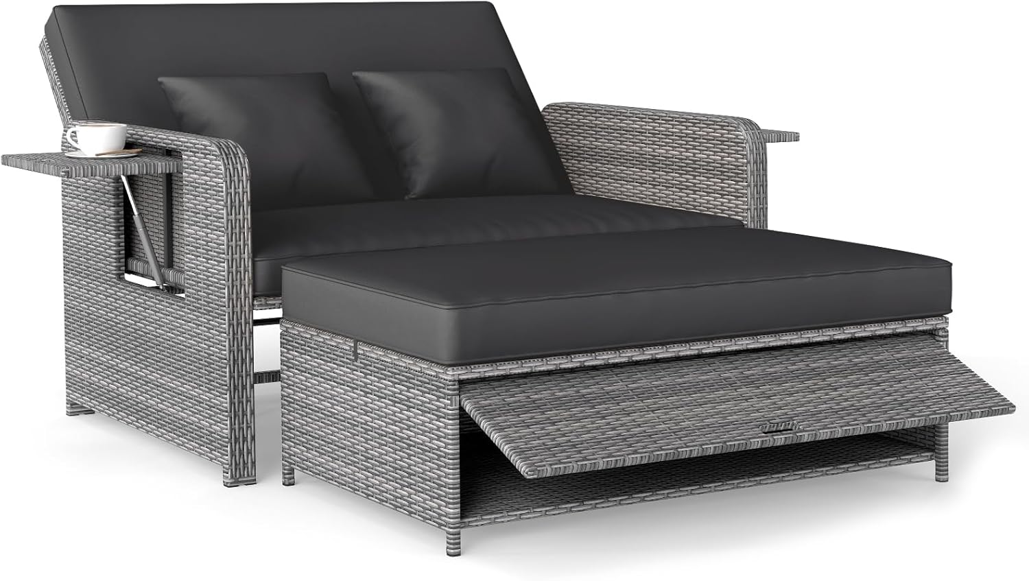 2-osobowa sofa rattanowa z otomaną do przechowywania i poduszkami, nośność 360 kg, wysuwana taca boczna, 4-pozycyjne regulowane oparcie, szary+czarny