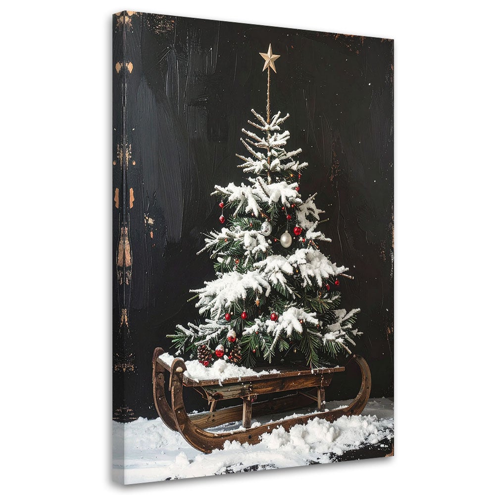 Obraz do salonu kuchni biura, Choinka boże narodzenie sanki śnieg 80x120