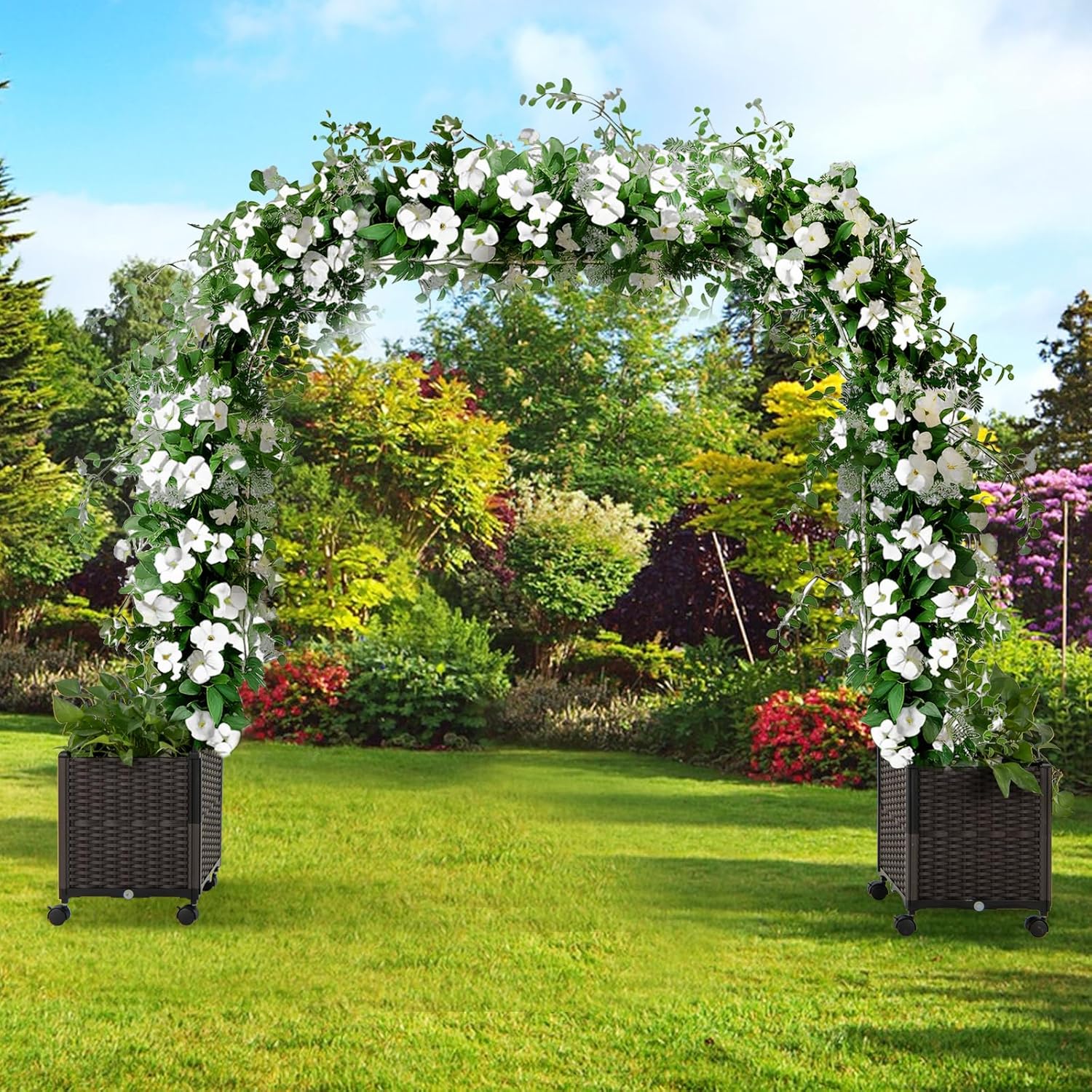 Arche de Jardin avec 2 Jardinières Surélevées, Roues Verrouillables, pour Plantes Grimpantes Fleurs Herbes Légumes Fruits (288x40x202CM) - 9