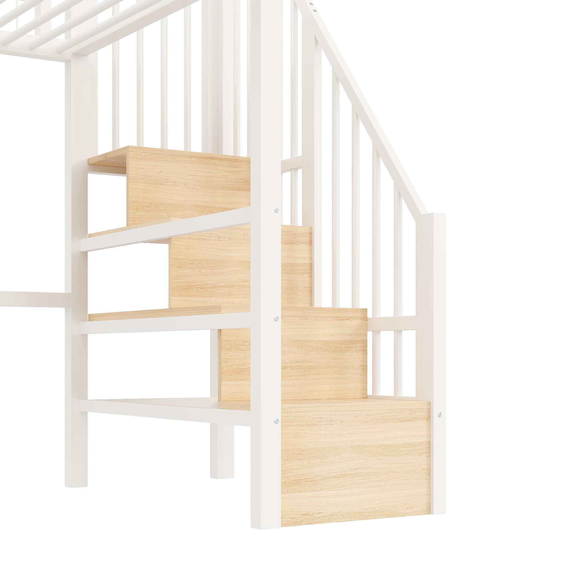 Lit mezzanine 90 x 200 cm avec éclairage LED, escalier avec rangements intégrés, espace libre modulable dessous, structure en métal robuste, blanc - 8