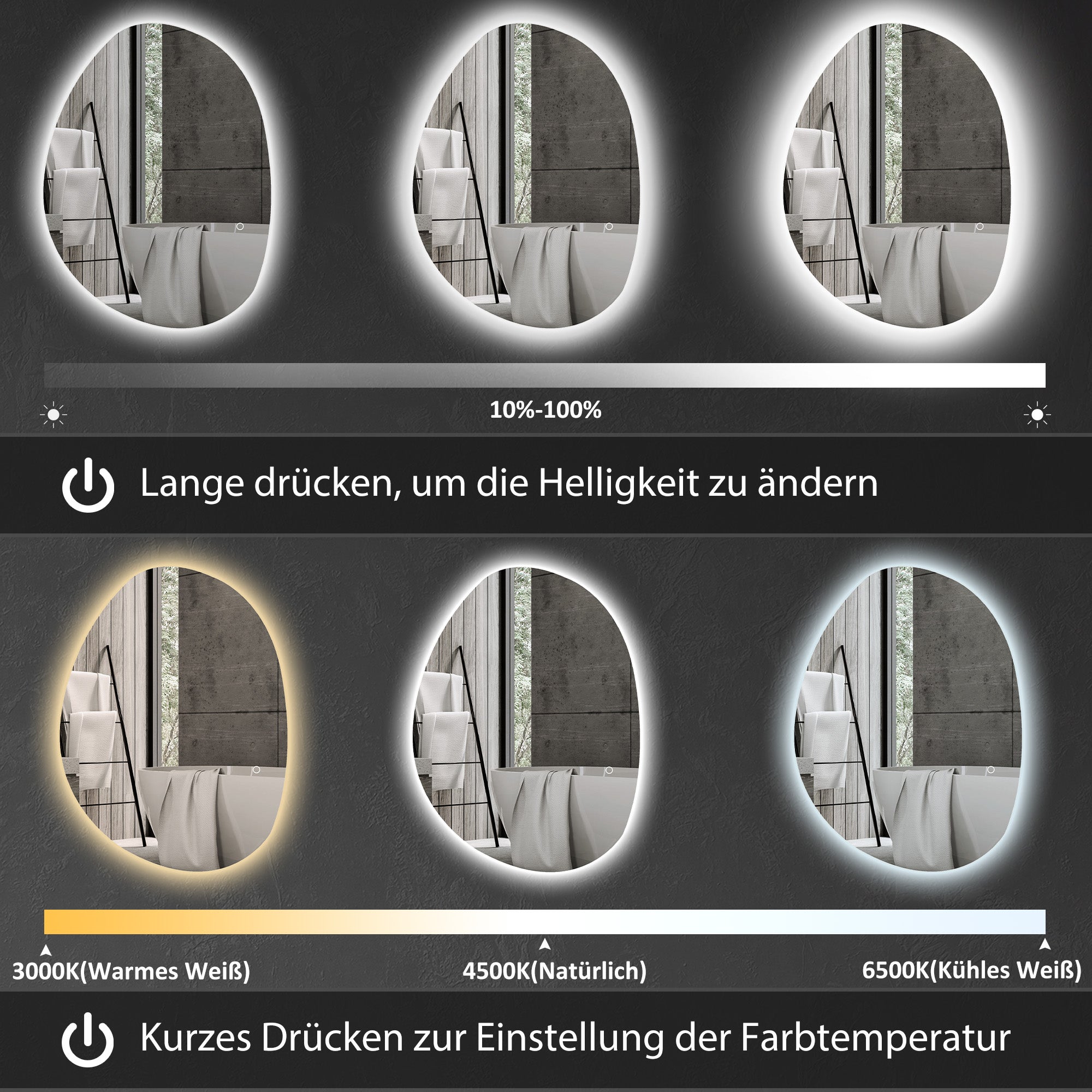 Specchio da bagno asimmetrico 70 x 50 cm con illuminazione a LED, interruttore touch intelligente, funzione antiappannamento, argento - 5
