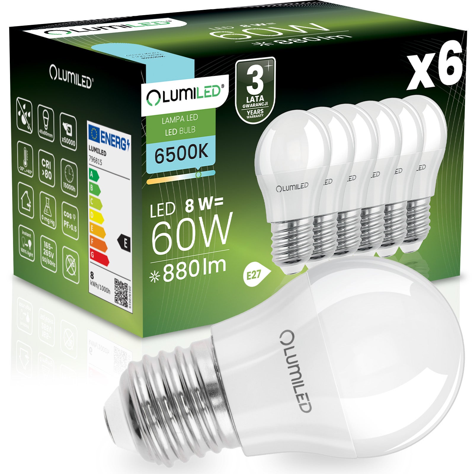 Żarówka LED LUMILED E27 P45 8W 806lm 6500K Zimna biel 180st 6 szt.