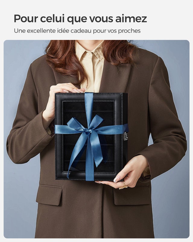 Boîte à Montres à 10 Emplacements, Écrin, Couvercle en Verre, Coussinets Amovibles, Serrure en Métal, Revêtement en Noir et Doublure en Noir - 7