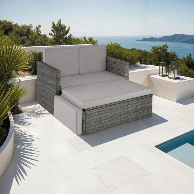 Divano in polyrattan e acciaio, cuscini idrorepellenti, pouf con sostegno pieghevole grigio TECTAKE