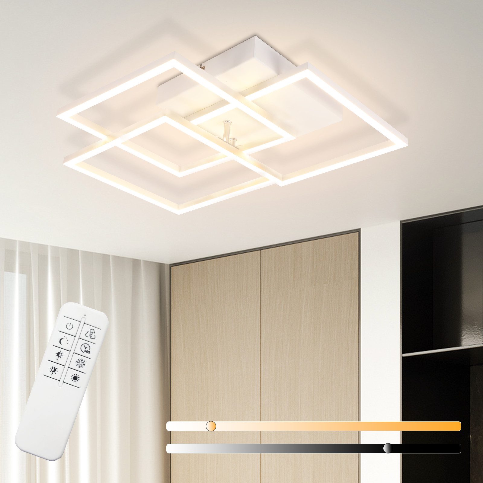 NETTLIFE Lampa sufitowa LED do salonu, biała, ściemnialna, kwadratowa, nowoczesna, 36 W, z pilotem