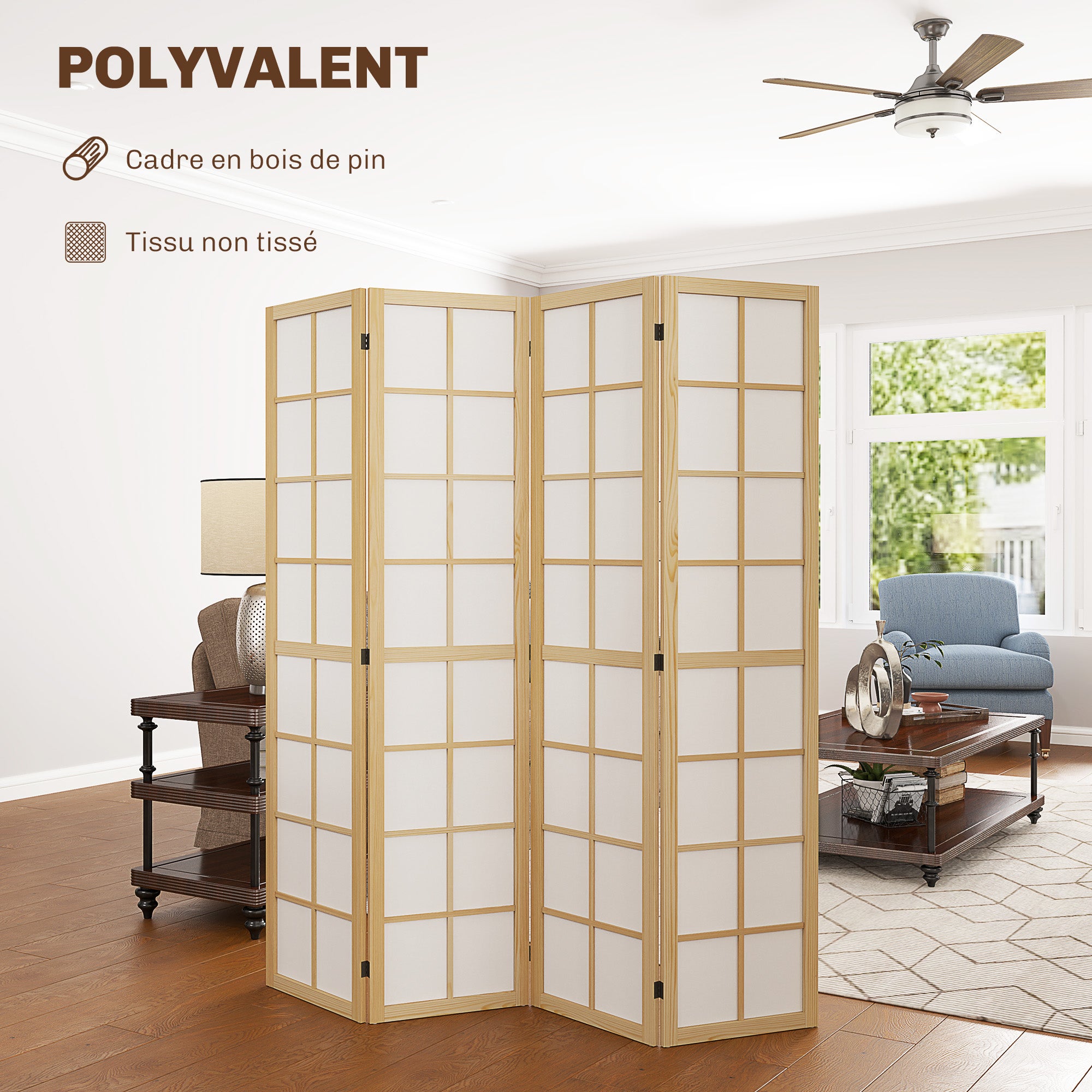 naturel, Paravent interieur pliable 4 panneaux 160 x 170 centimètres séparateur de pièce pour salon chambre à coucher maison - 6