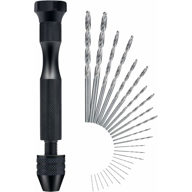 Wiertarka ręczna – Mini wiertarka ręczna z aluminium z 25 wiertłami spiralnymi, narzędzie obrotowe, czarna 90 x 9 mm