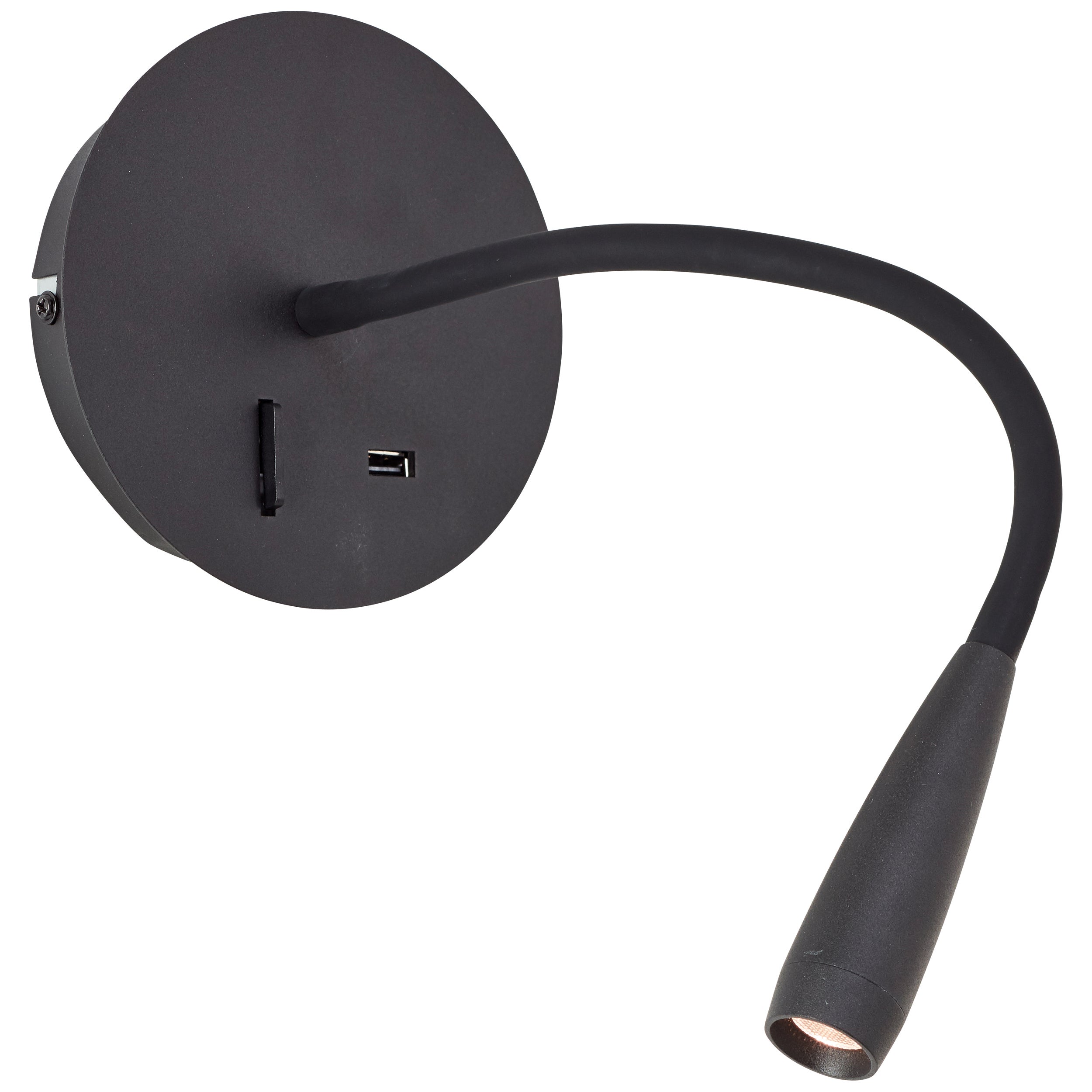 Brilliant Jutta reflektor ścienny LED z elastycznym ramieniem i czarnym przełącznikiem piaskowym USB metal/czarne tworzywo sztuczne 2,8 W zintegrowana