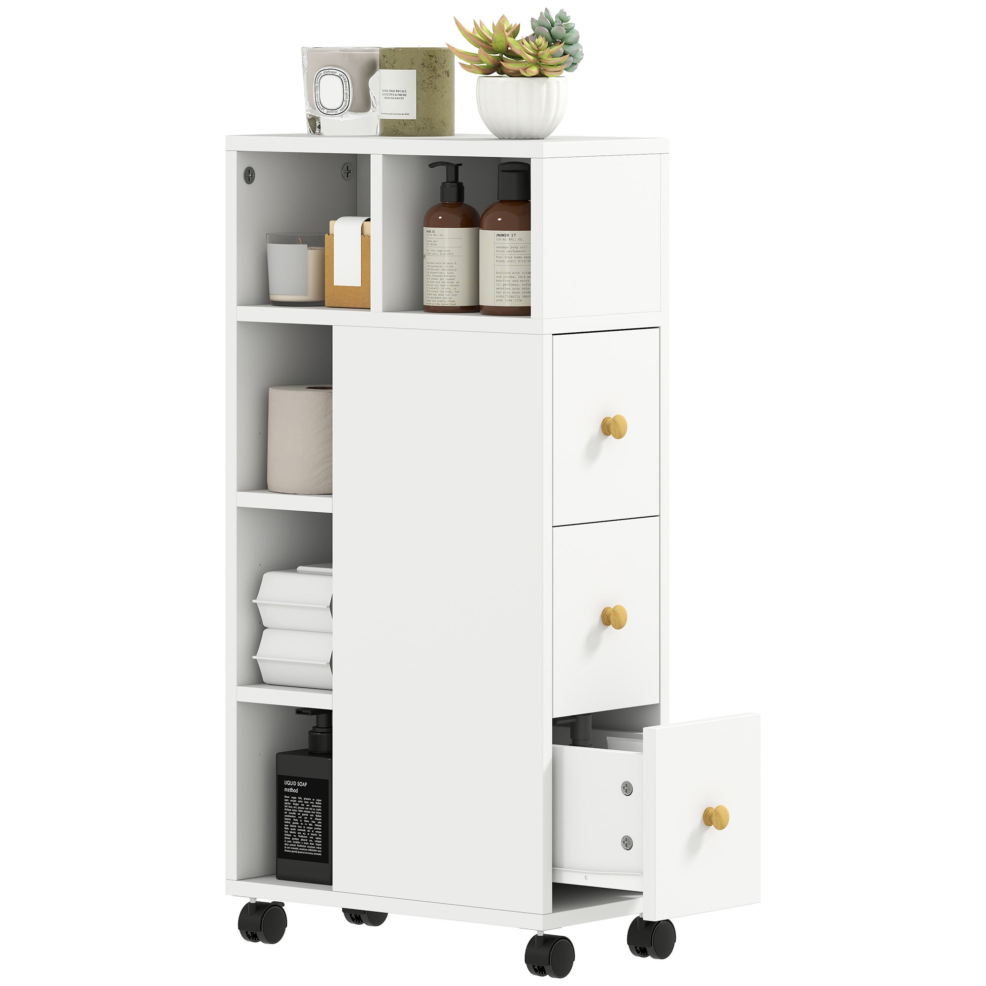 Armario de baño estrecho, con 4 ruedas, 3 cajones, 5 compartimentos abiertos, 20x40x80cm, blanco.
