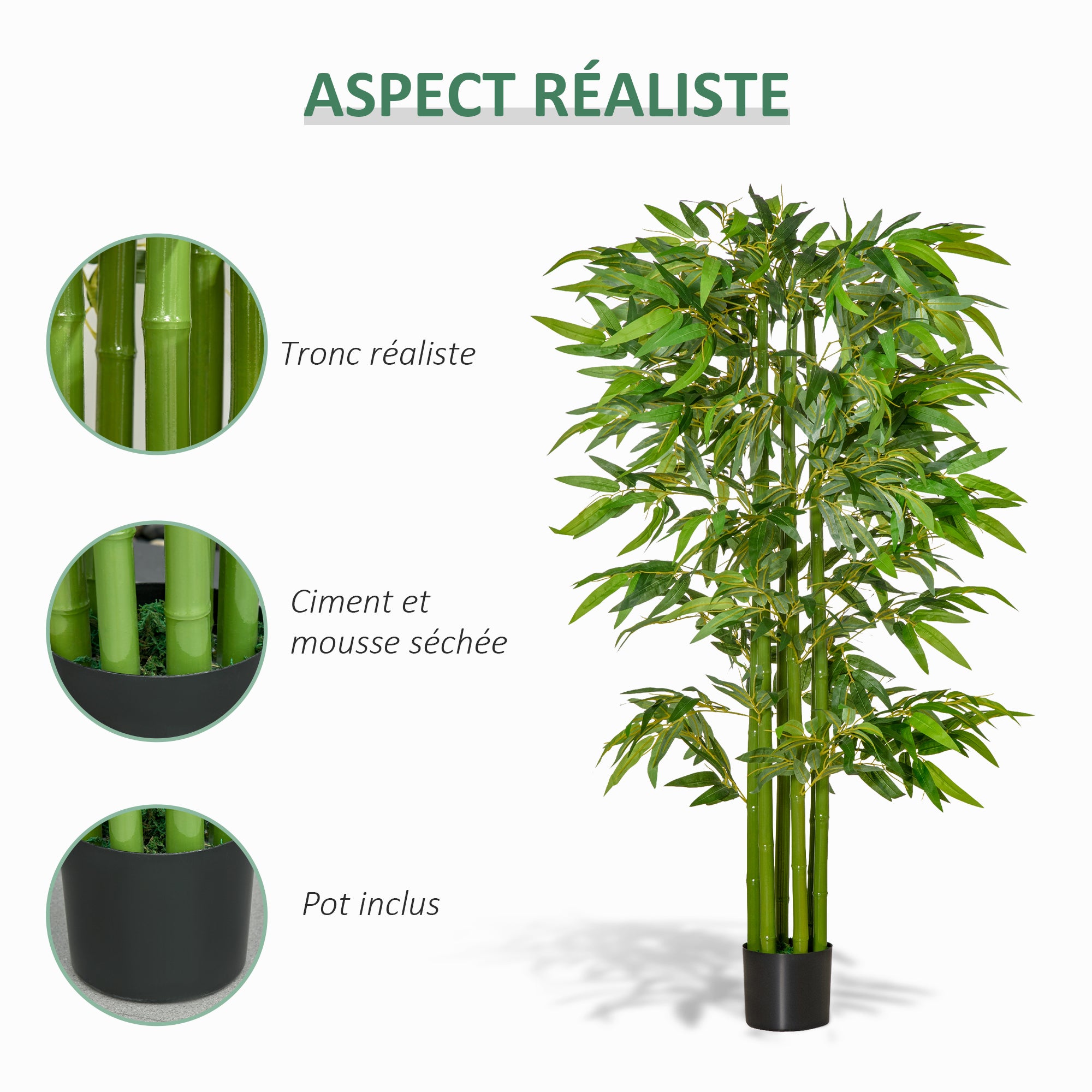 Bambou artificiel XL, 1,60 mètre de haut, avec 975 feuilles luxuriantes et réalistes, comprenant un pot de fleurs, de couleur vert foncé. - 7