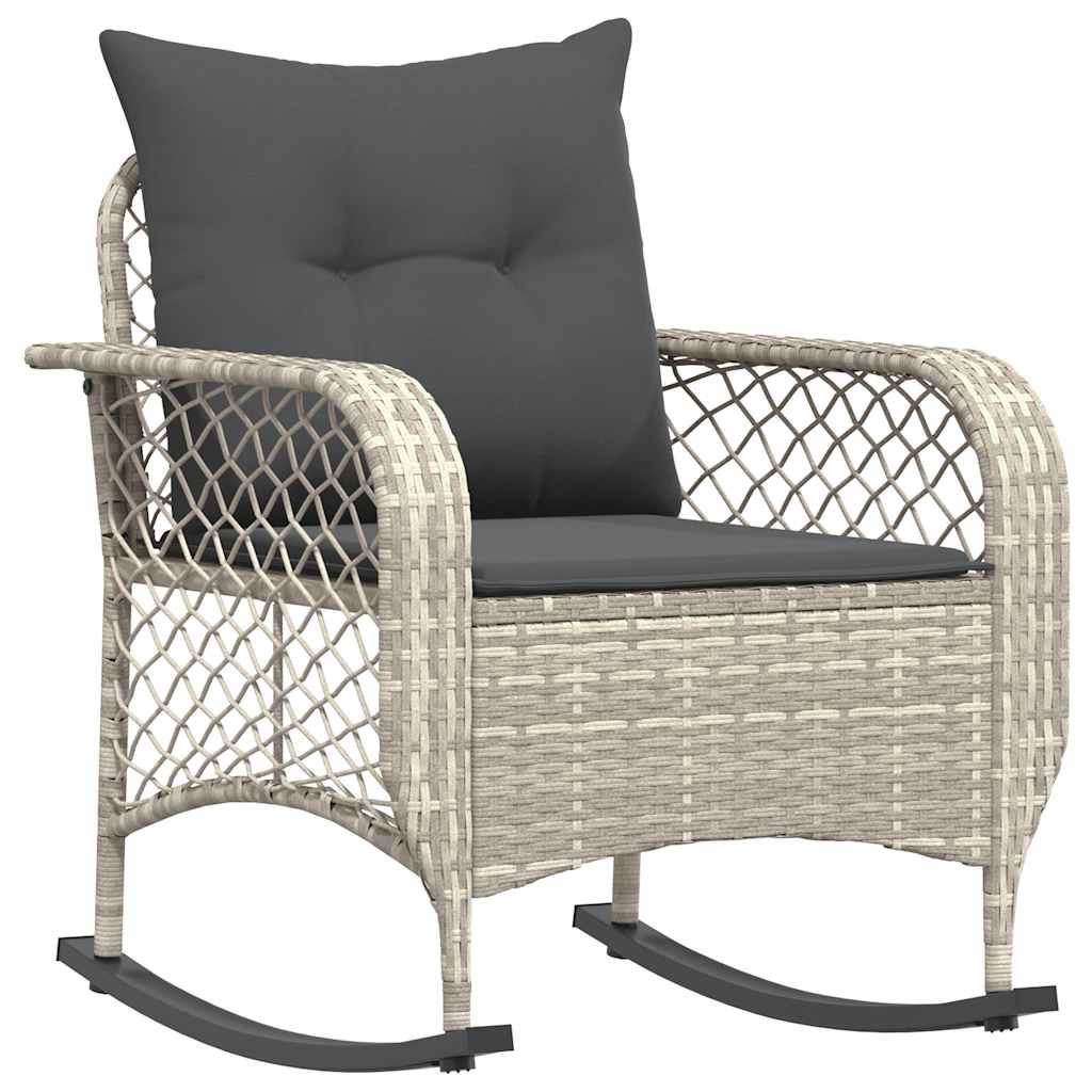 Rocking chair de jardin avec coussins en rotin synthétique gris clair