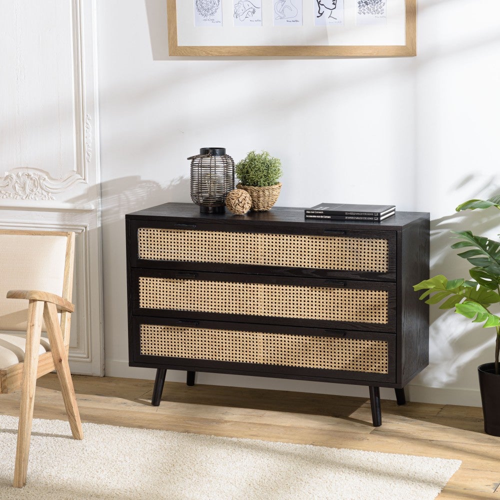 Commode 3 Tiroirs EDHEN 80 Cm – Style Cannage Et Bois – Rangement Optimal – Pieds 17,5 Cm – À Monter