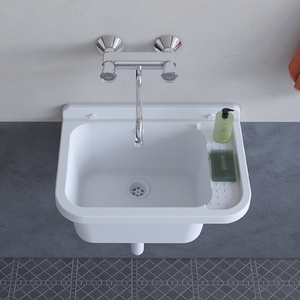 Évier en résine blanche 50x34 avec robinet mitigeur haut en acier inoxydable et bonde inclus - 7