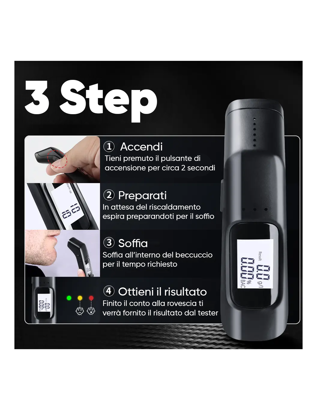Etilometro Professionale Portatile – Tester Alcol Digitale Con Display, Igienico Senza Contatto, Ricaricabile USB