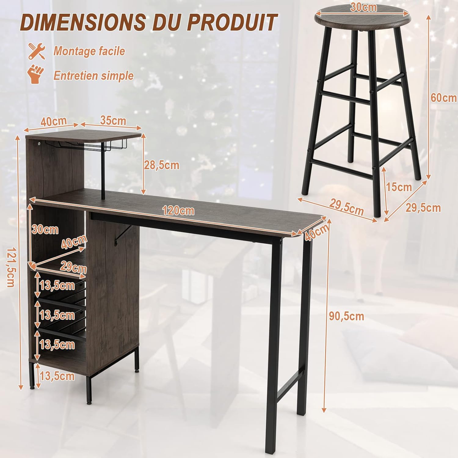 Set 3 Pezzi Tavolo e Sedie da Bar, Tavolo e Sgabelli da Pub Industriale con Porta Calici e 6 Portabottiglie da Vino, Set di Tavolo per Sala da - 5