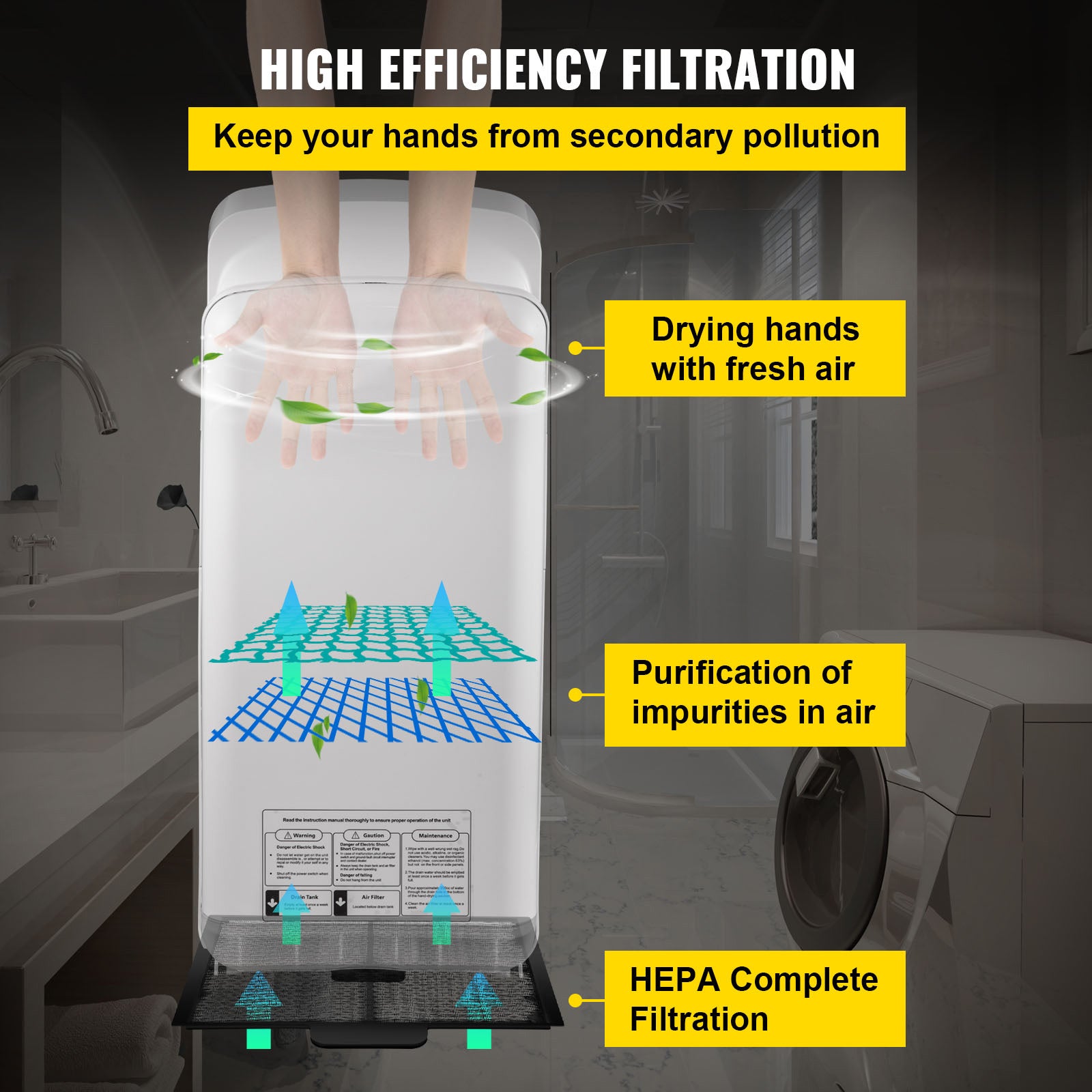 Sèche-mains électrique SucceBuy 2000W 220V, lame d’air ABS, filtration HEPA, mural, infrarouge haute vitesse, blanc - 5