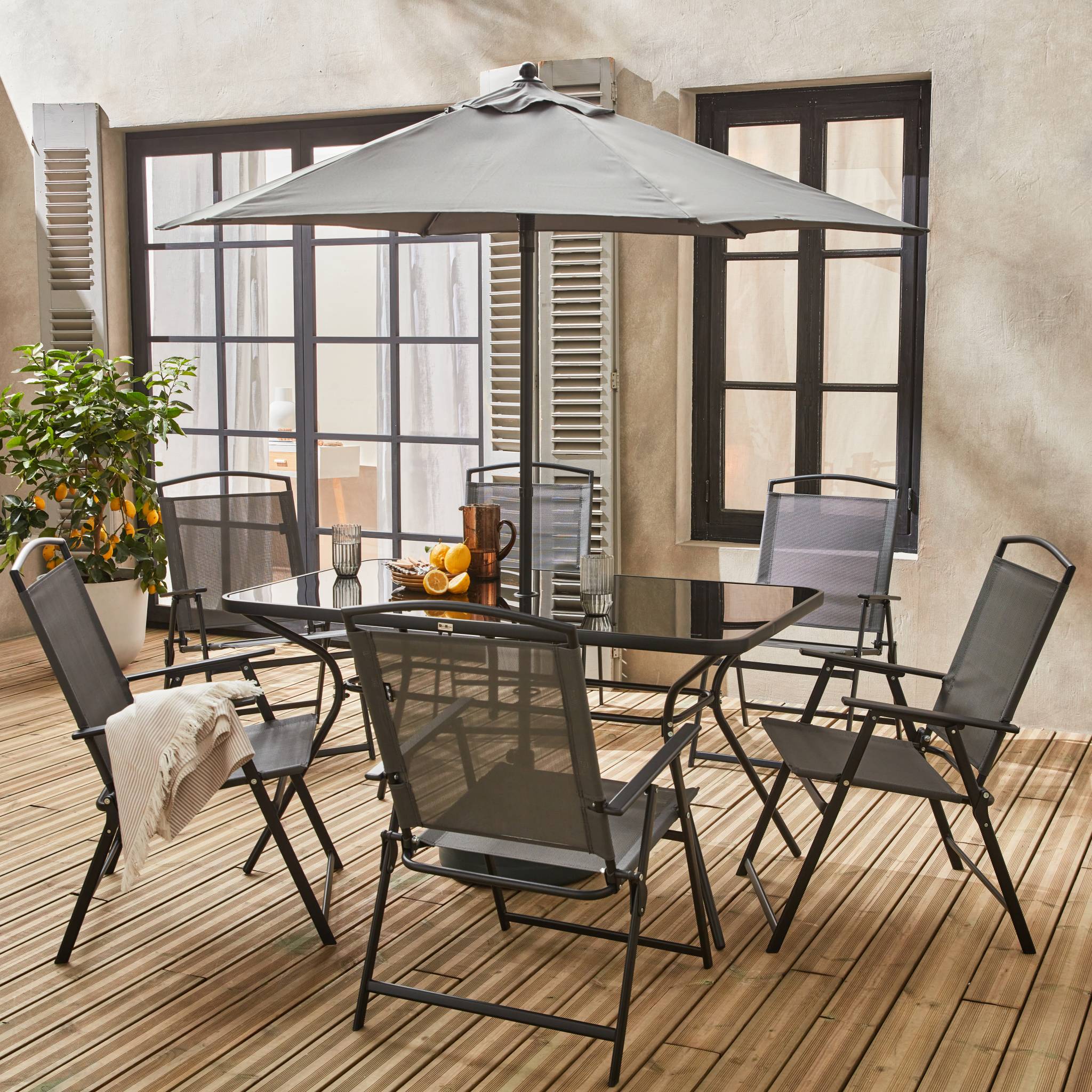 Conjunto mesa de jardín de acero con 6 sillas y 1 sombrilla Gris - 140x80x71.5 cm - 3