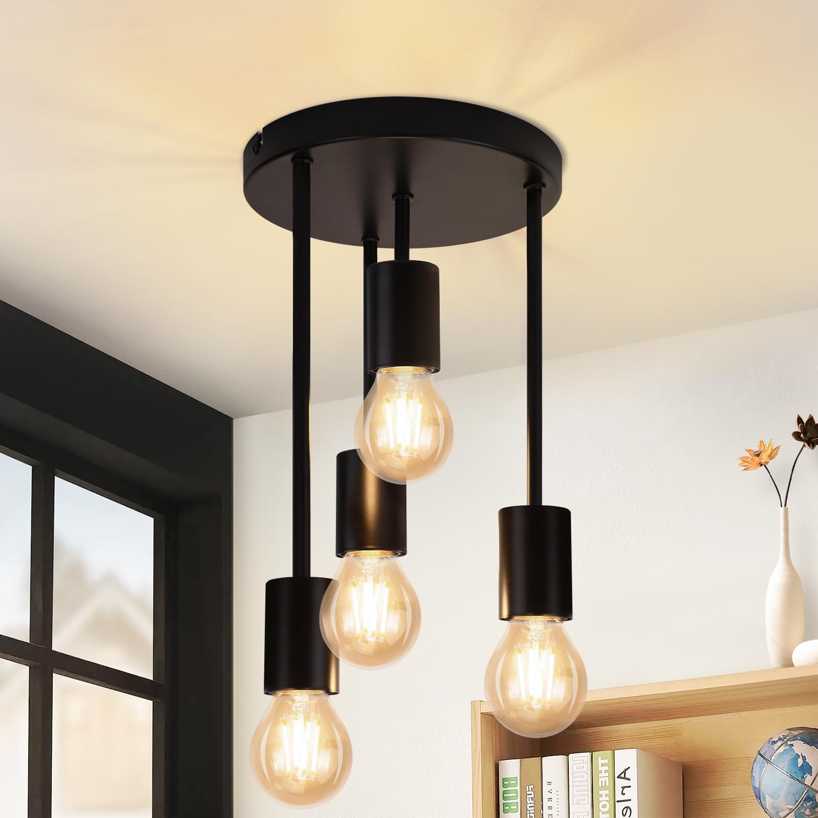 Plafoniera Lampadario Industriale A Sospensione, 4 Luci E27, Metallo Ruggine, Stile Vintage Per Soggiorno - 3