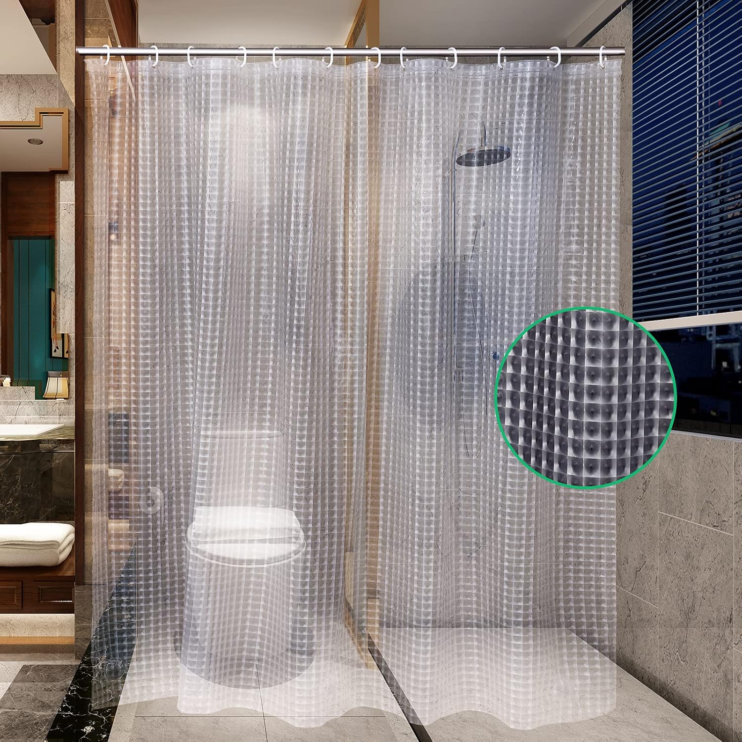 Tenda Doccia Impermeabile 3D – 180x200 Cm – PEVA Antimuffa Con Ciottoli Trasparenti – Include 12 Ganci – Per Bagno, Hotel, Palestra