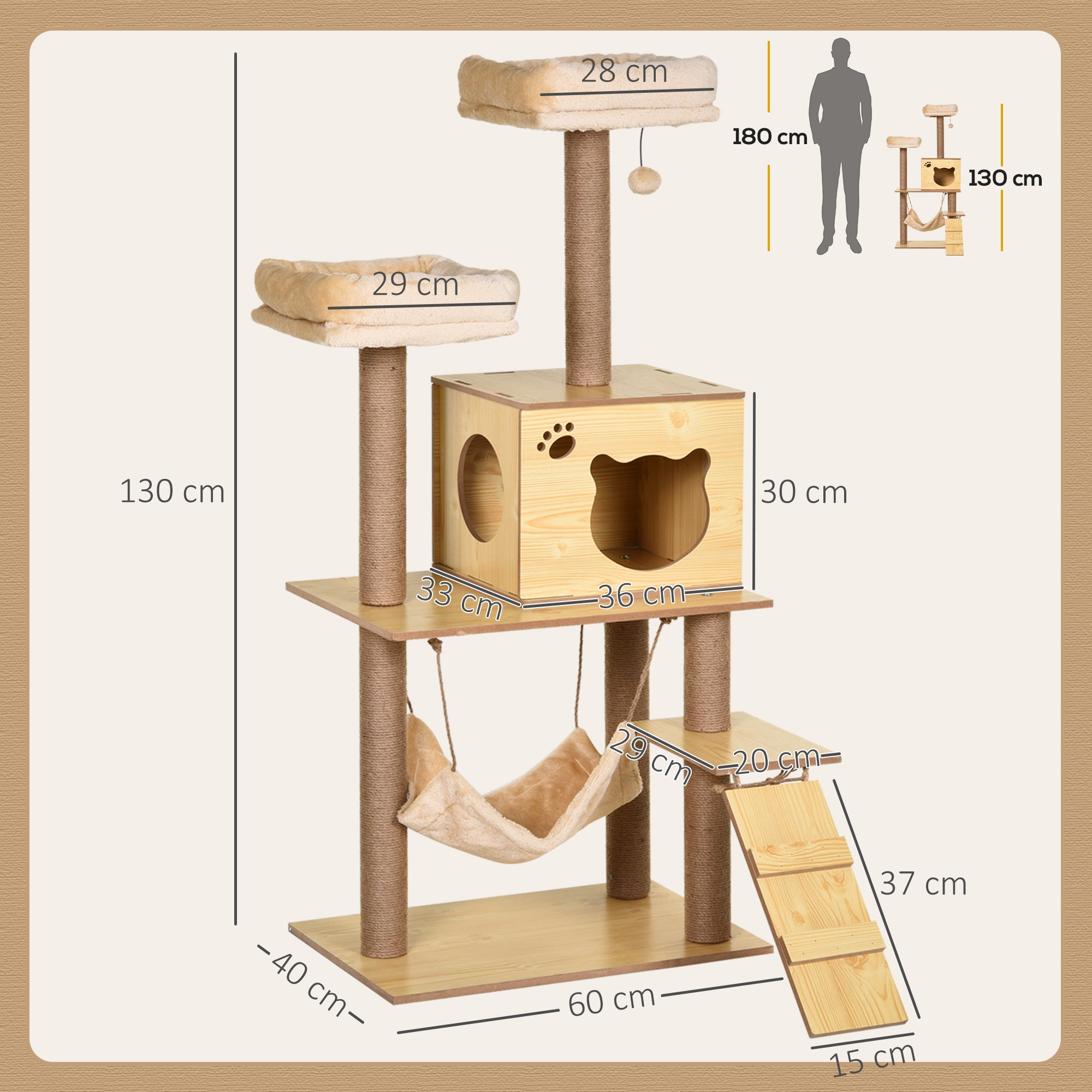 Arranhador para Gatos 130cm Torre Multi-níveis com Camas Rede Caverna e Bola Suspensa 60x40x130cm - 2
