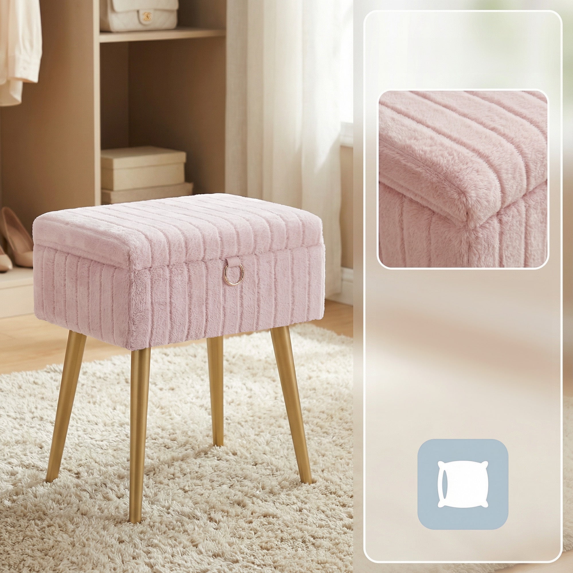 Tabouret de Coiffeuse, Rembourré avec Rangement, Tabouret Réglable en Métal, pour Chambre ou Salon, Rose - 7