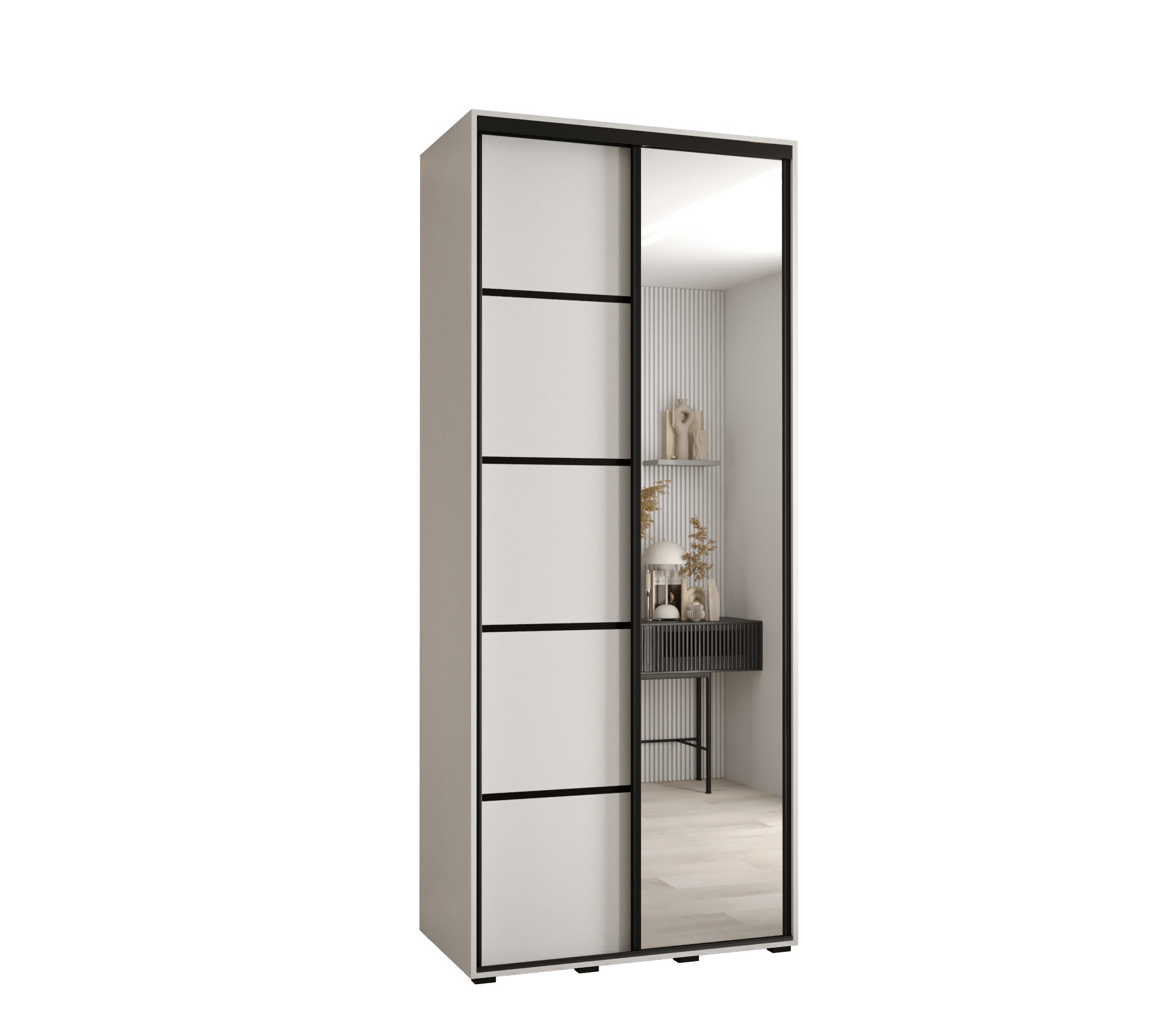 Szafa przesuwna z lustrem wysoka Davos 5 110 x 45 x 235,2 cm biały + biały + u. czarny - Abiks Meble