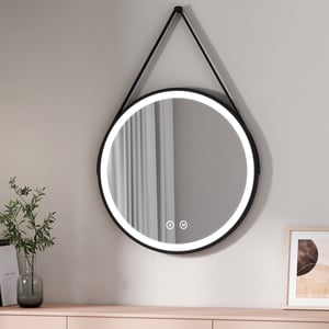 EMKE Miroir lumineux salle de bain rond diamètre 70cm cadre noir, Sangle réglable, Miroir LED avec Interrupteur Tactile, Lumière Froide/Chaude/Neutre