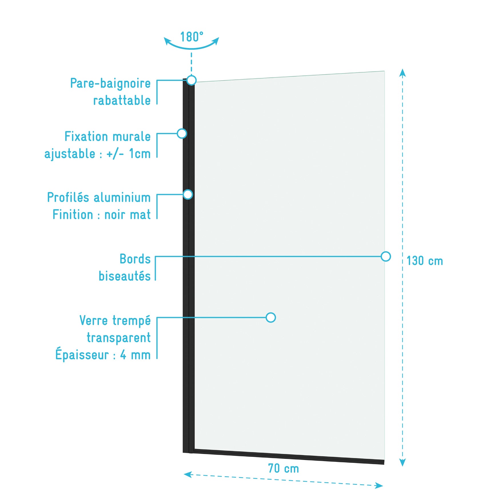 Pare baignoire Rabattable 70x130cm - Profilé Noir Mat - Verre Trempé 4mm - ELEMENTARY - 4